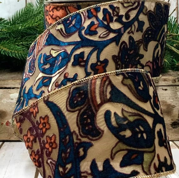 4" x 10 yds Burn Out Floral, Blue-Orange