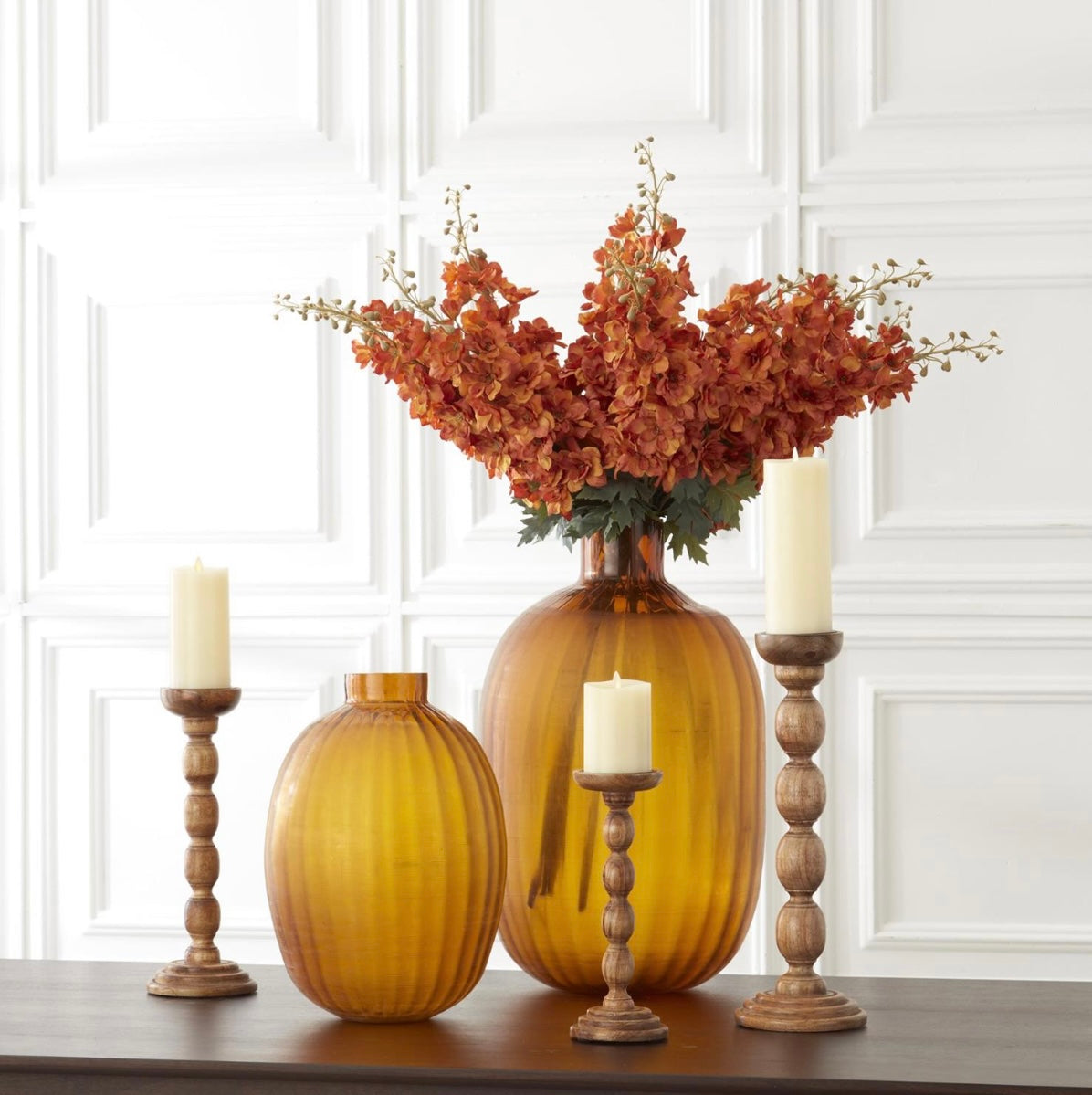 BROWN WOOD SPINDLE CANDLEHOLDERS (Multiple Options)
