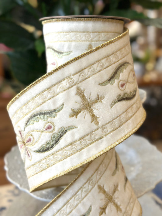 4"x5Y velvet Holy Cross gold embroidery, white