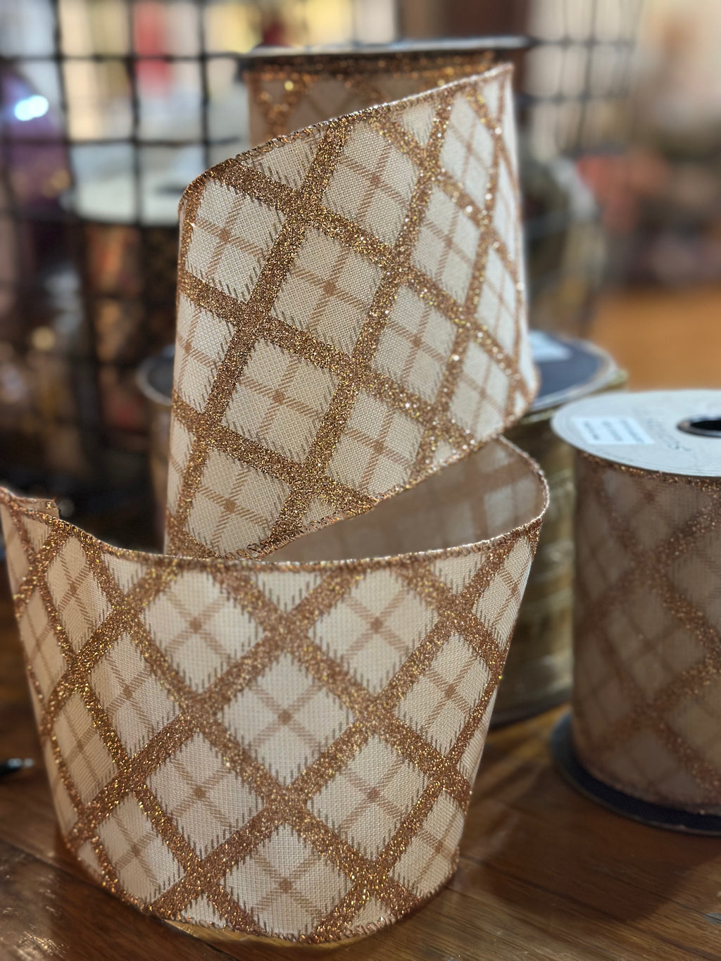 4” cream linen ribbon with copper glitter detail