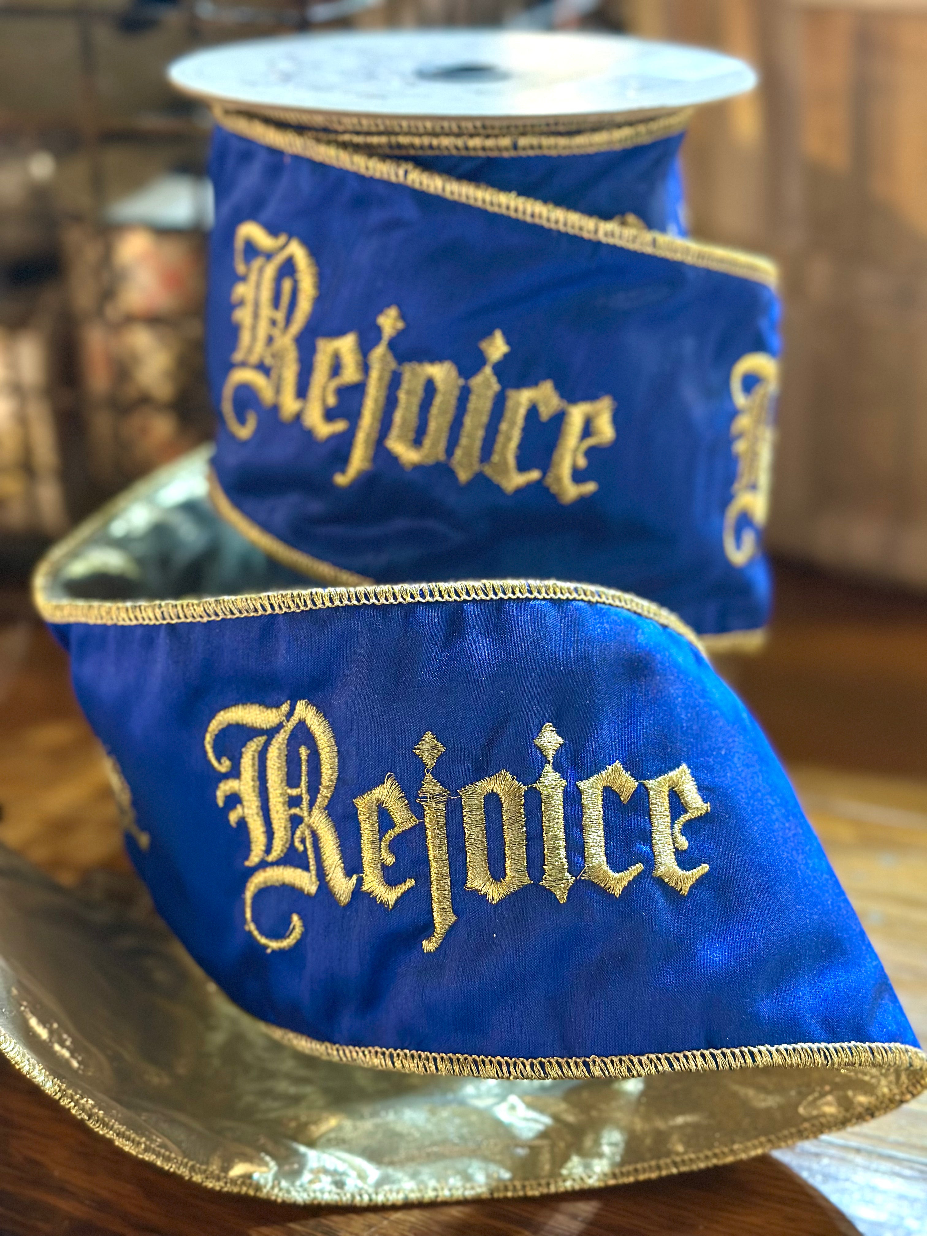 4" faux dupion gold embroidery Rejoice, blue