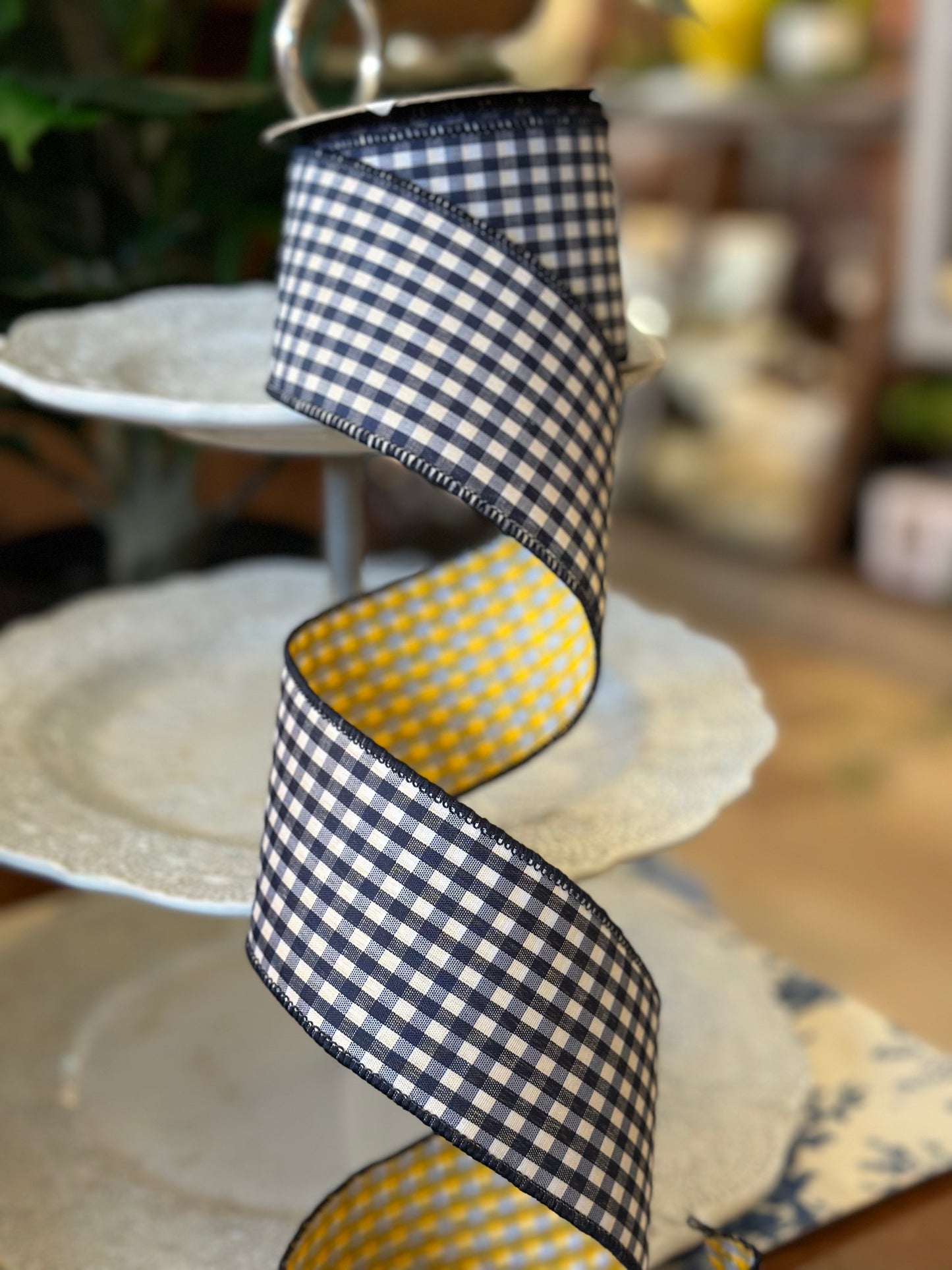 2.5"x10yrds poplin gingham, navy blue/golden yellow