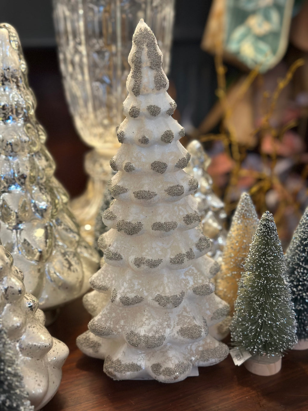 10.5" Glass Tree - White & Silver with Bead Accents