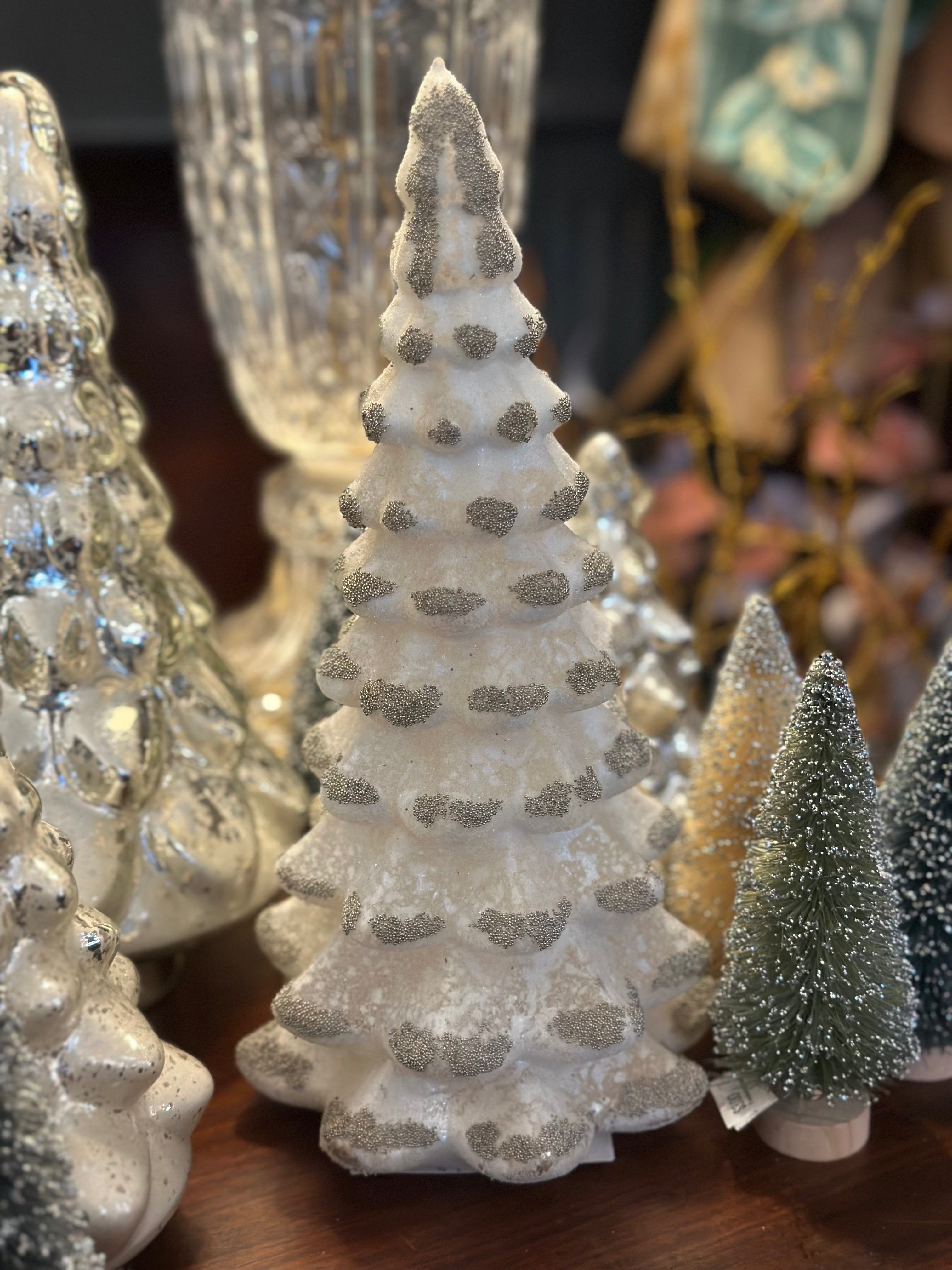 10.5" Glass Tree - White & Silver with Bead Accents