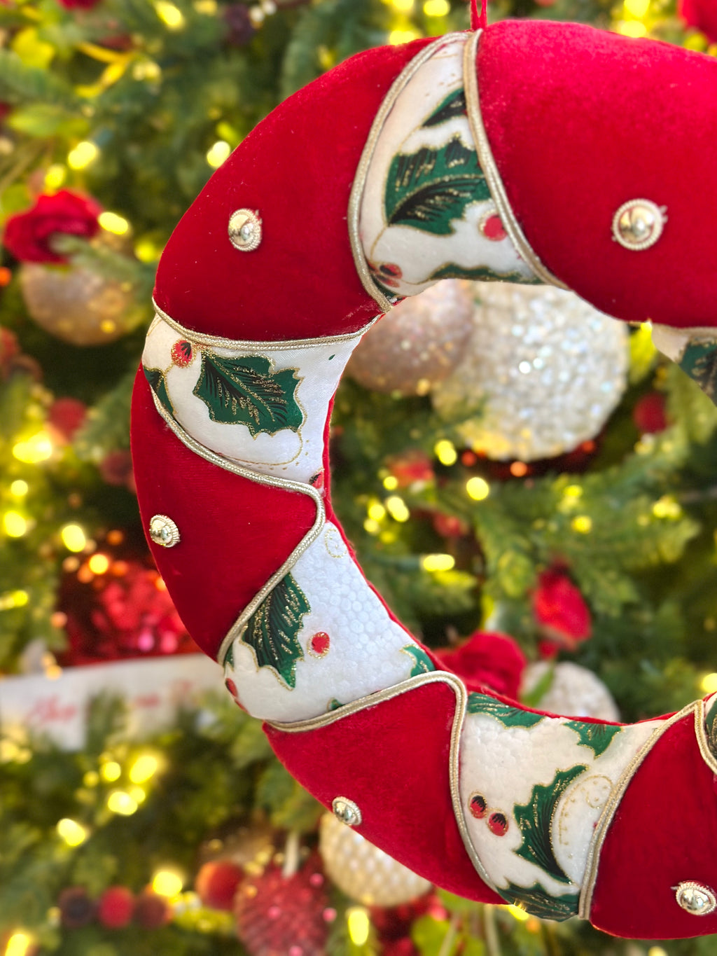 Vintage Red Holly Velour Wreath