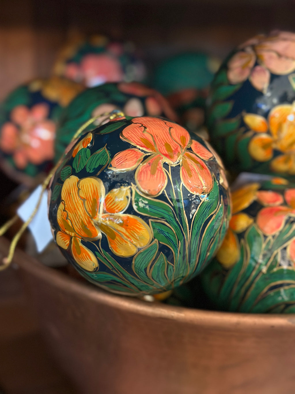 4" Blue Paper Ornament w/ Orange Flowers