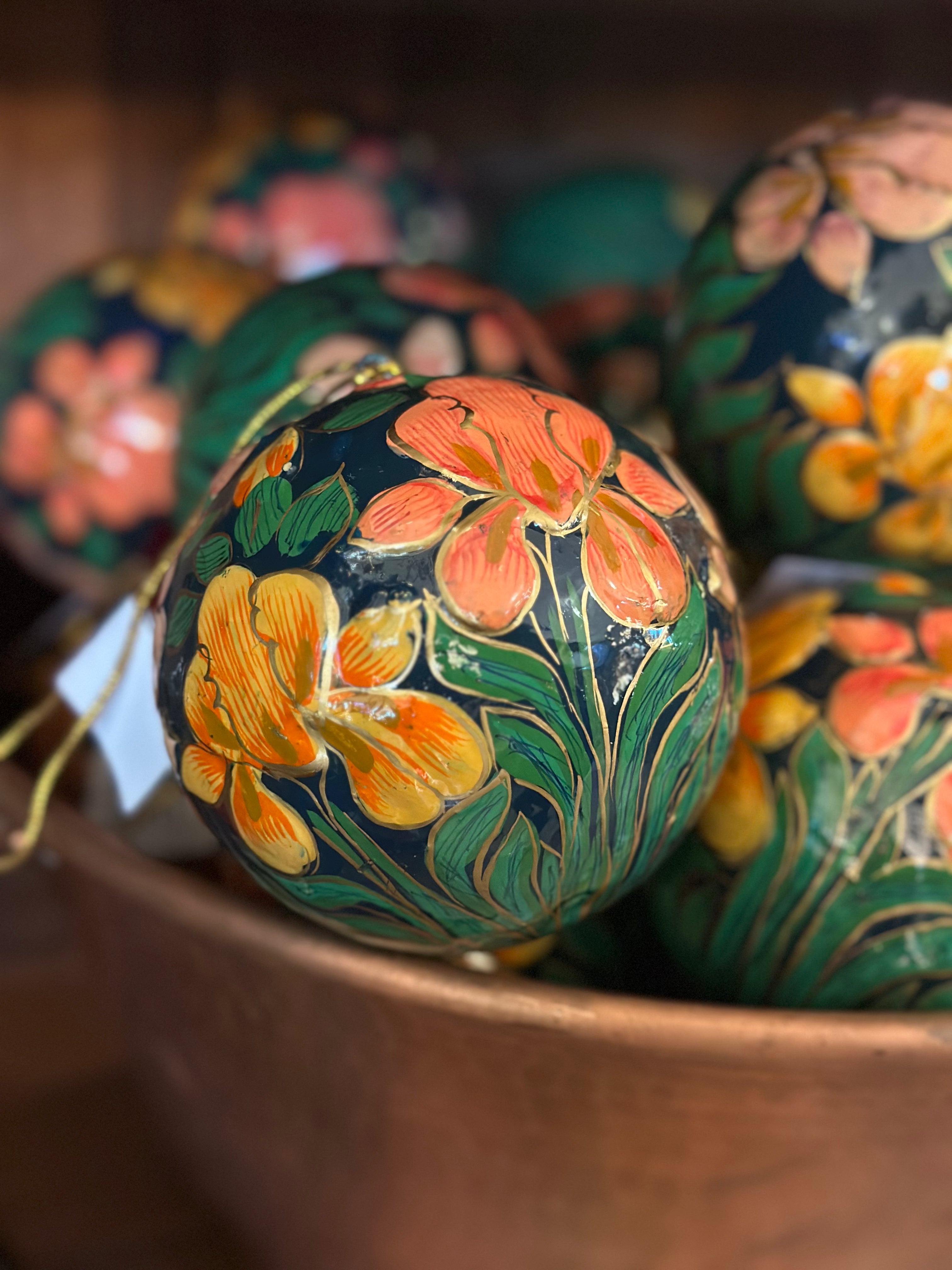 4" Blue Paper Ornament w/ Orange Flowers