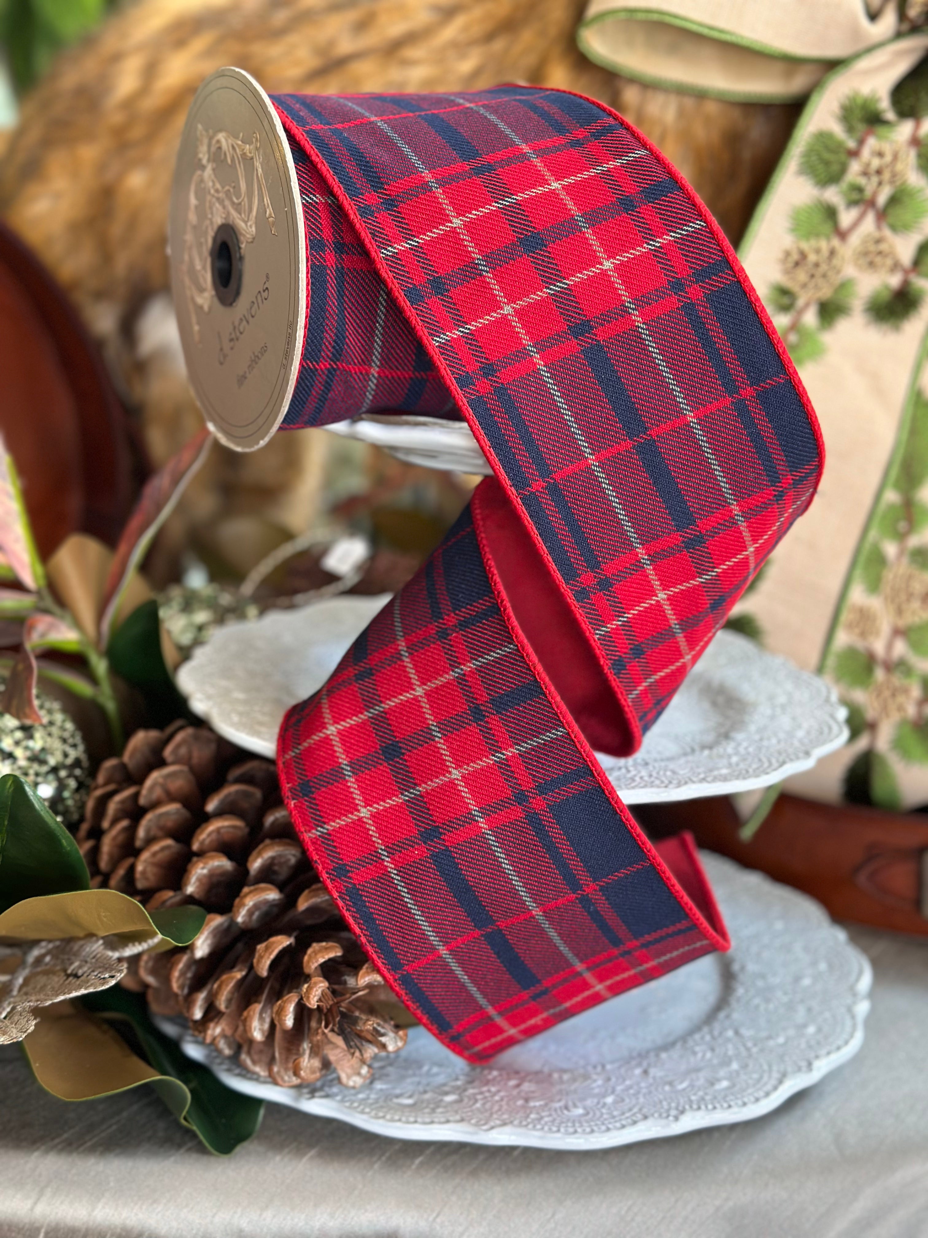 4”x10yards Red and Navy Flannel Ribbon with Red Back