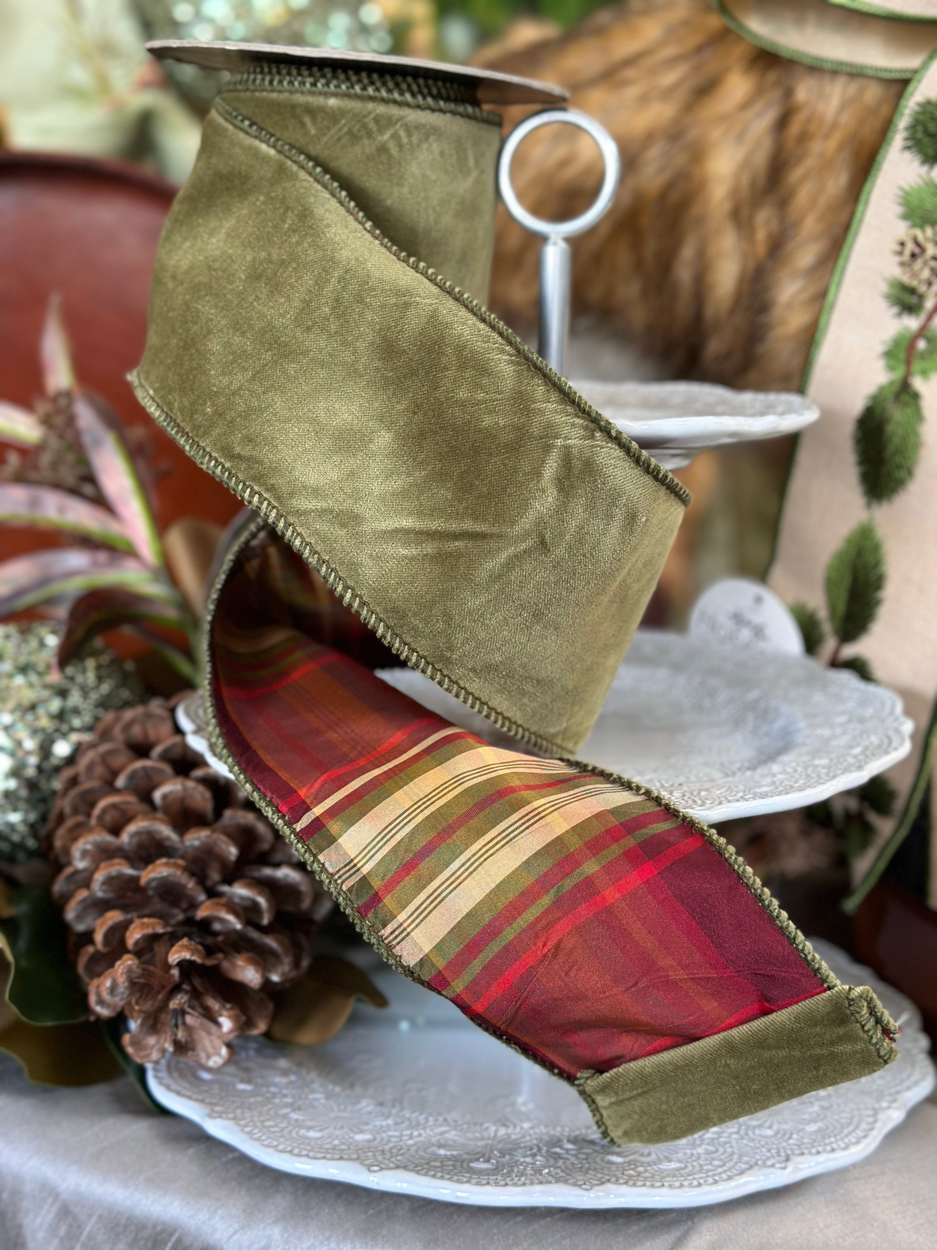 4”x10Y Cotton Velvet, Plaid Back- Burgundy, moss green