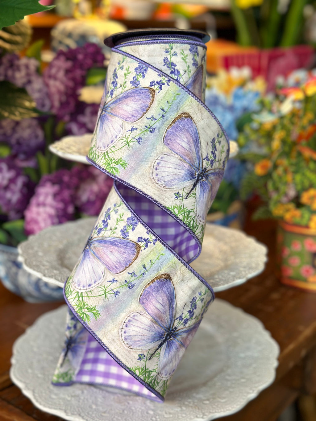 4" Wide, Summer Butterfly/Gingham Ribbon