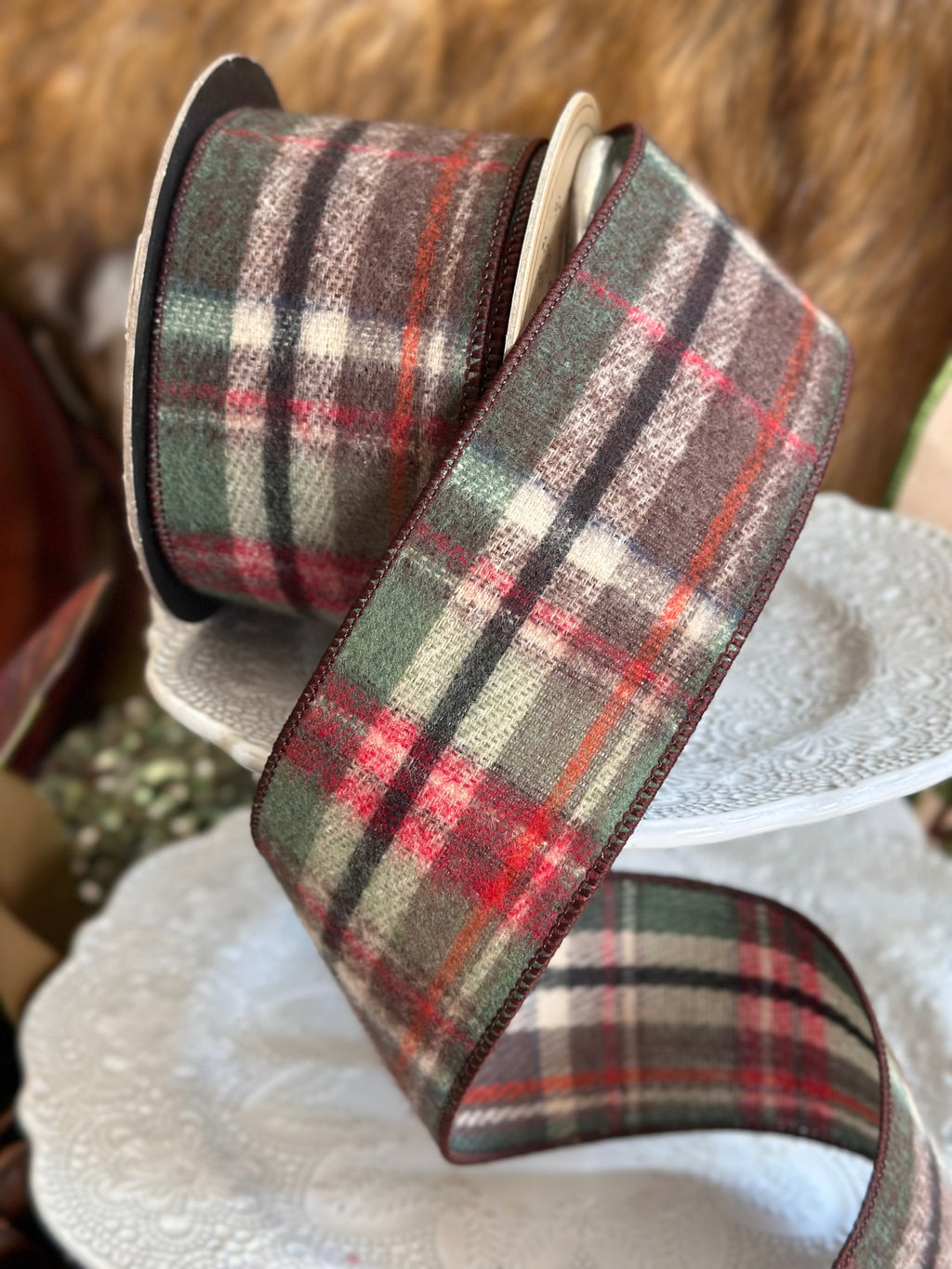 2.5" x 10yds faux wool plaid, red-brown