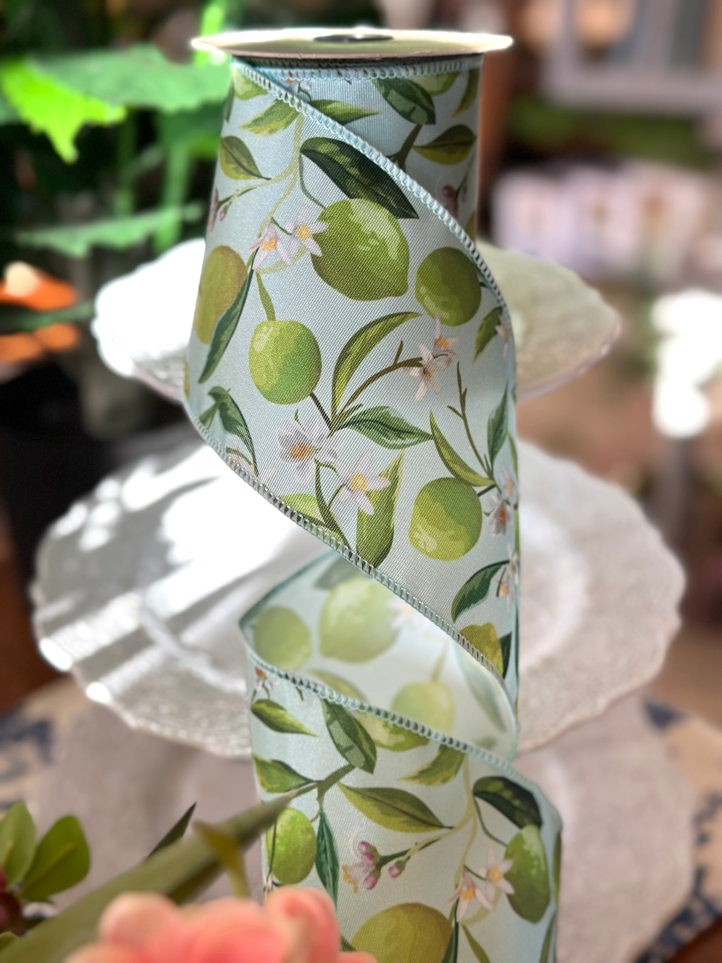 4"x10Y Lime and Floral Ribbon, Light Blue
