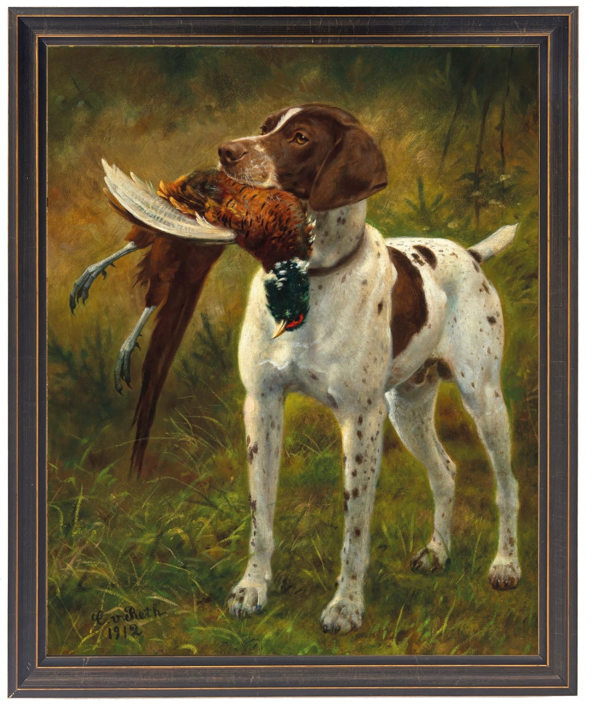 Framed Vintage Dog with Pheasant Oil Painting Reproduction