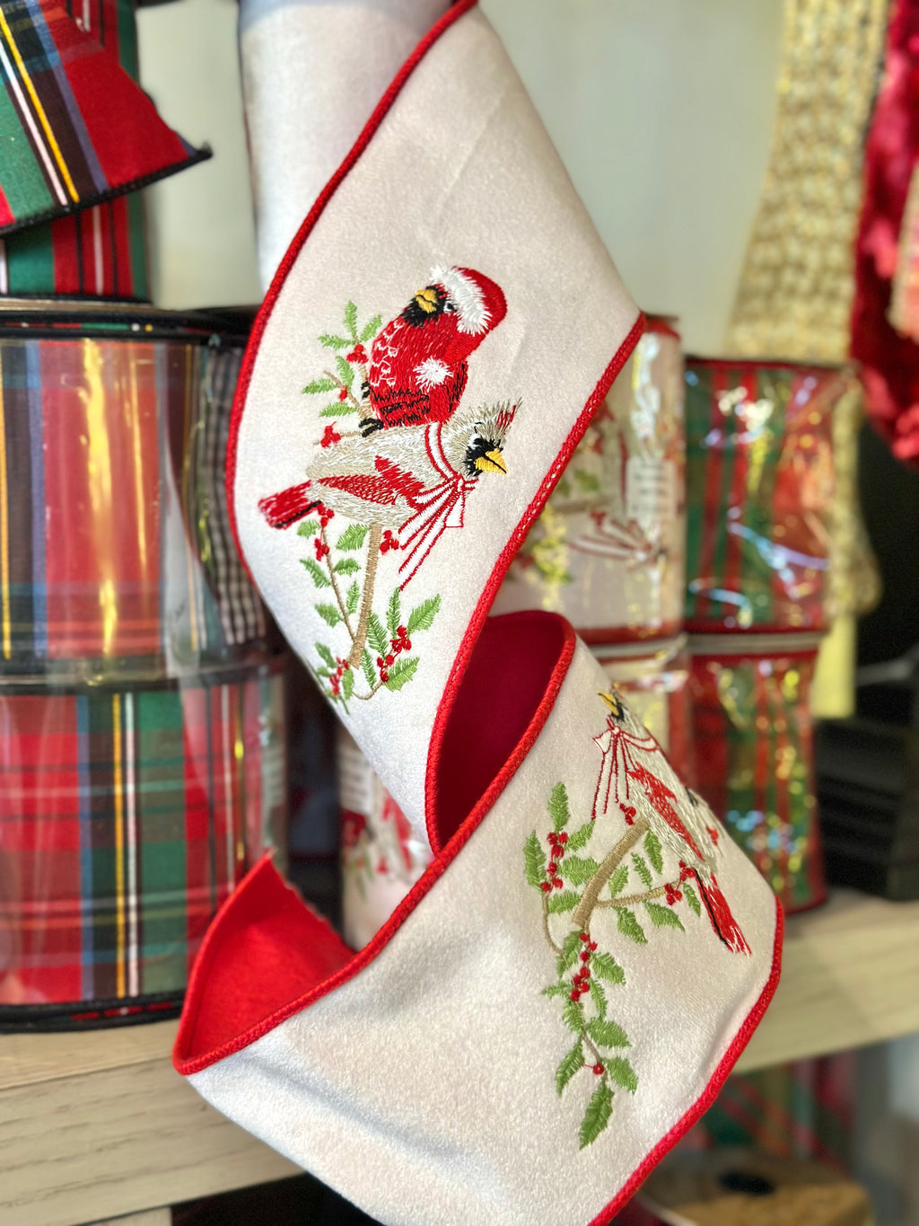 4" Embroidered Dupion Cardinal with Holly