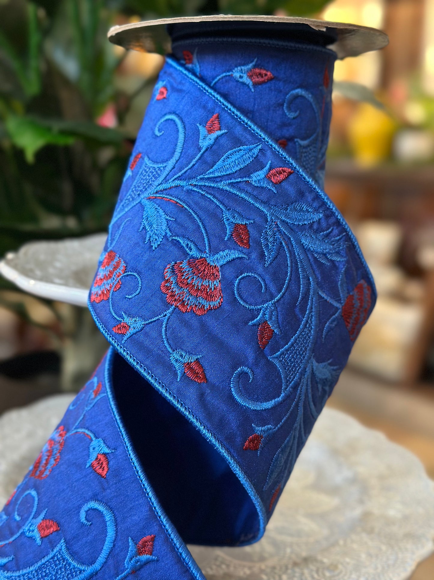 4"x5Y Embroidered Vine/Red Buds, Royal Blue Ribbon