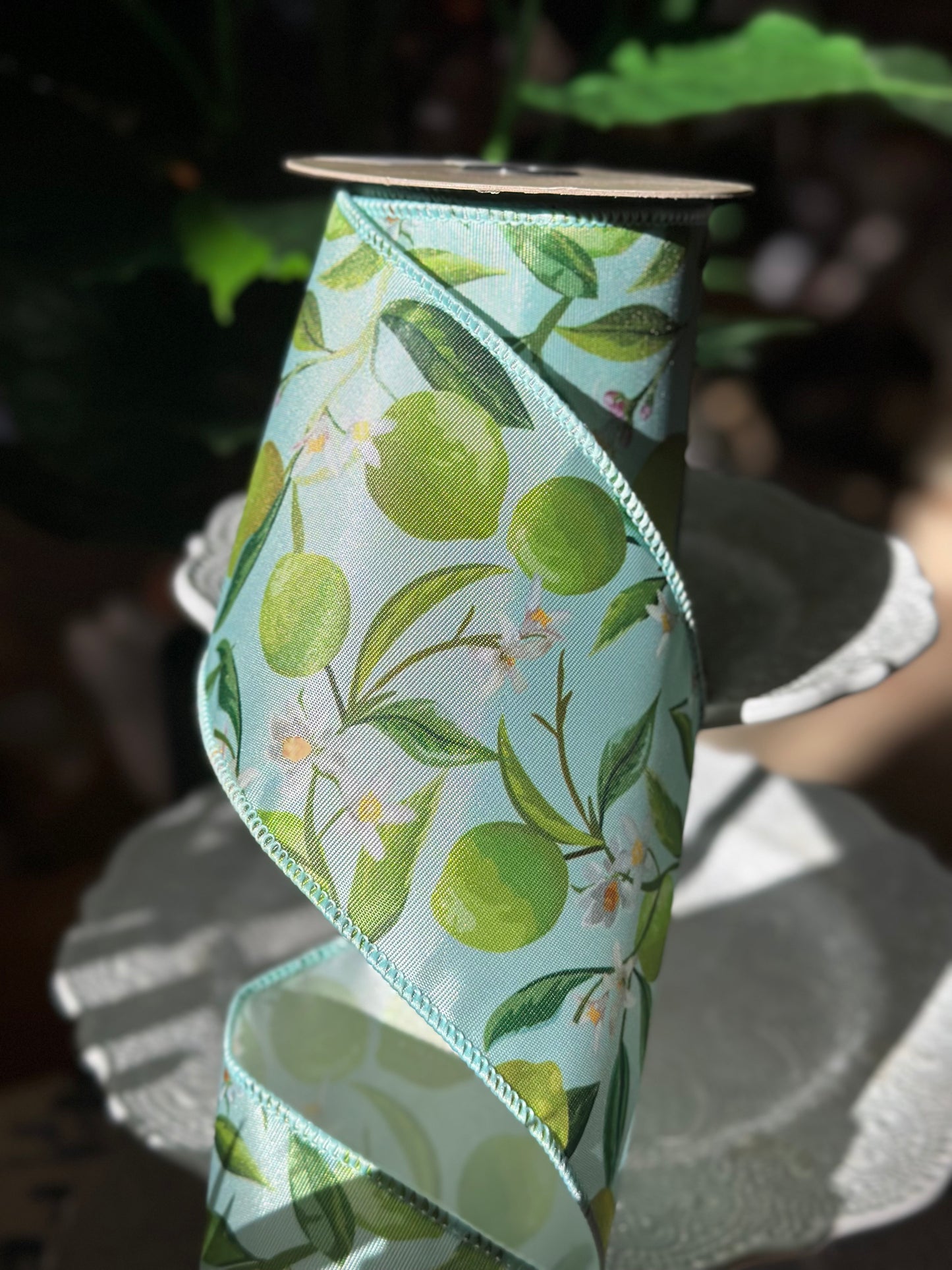 4"x10Y Lime and Floral Ribbon, Light Blue