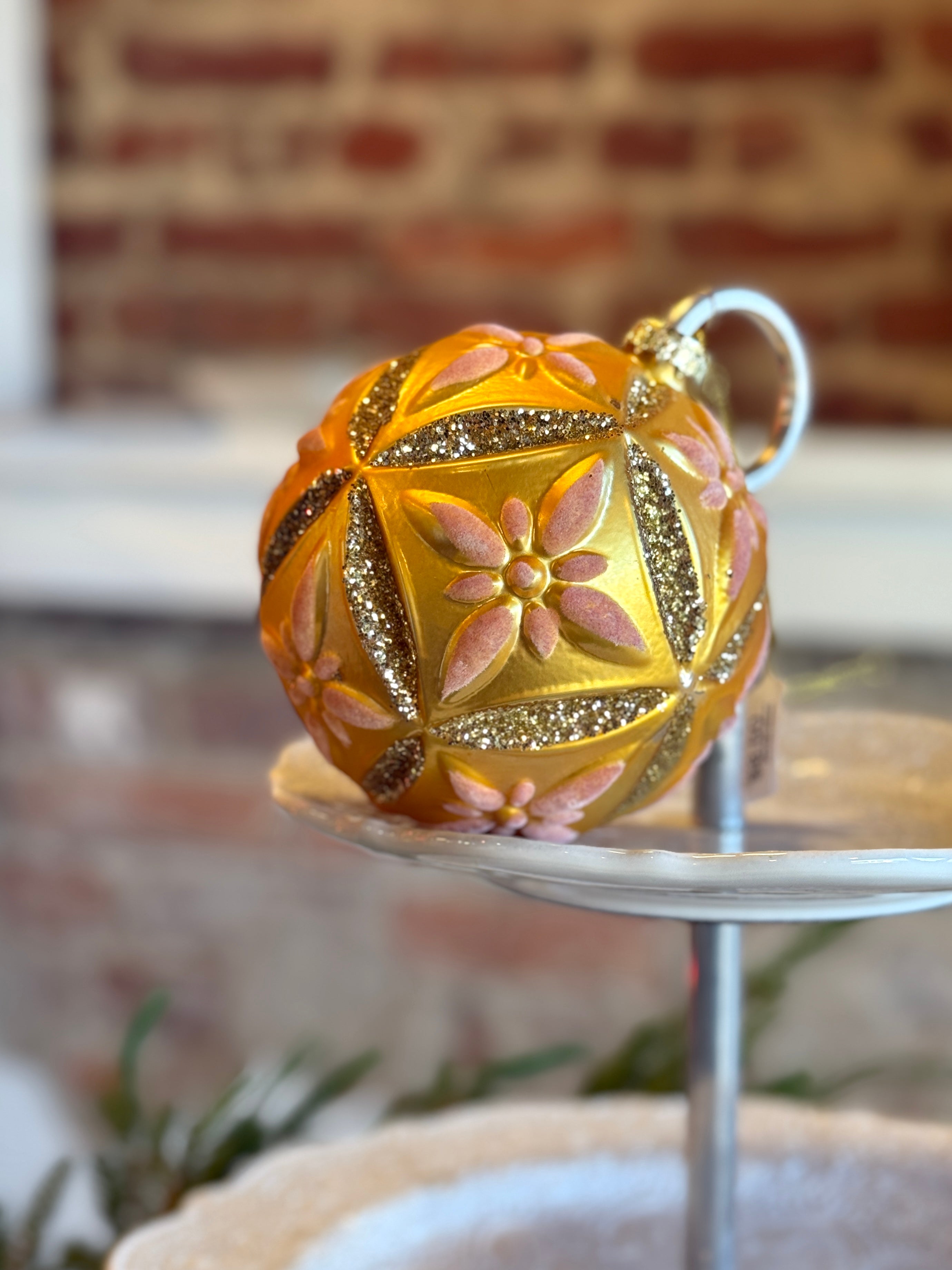 4" Glass Ornament- Pink Velvet Flowers & Gold Glitter