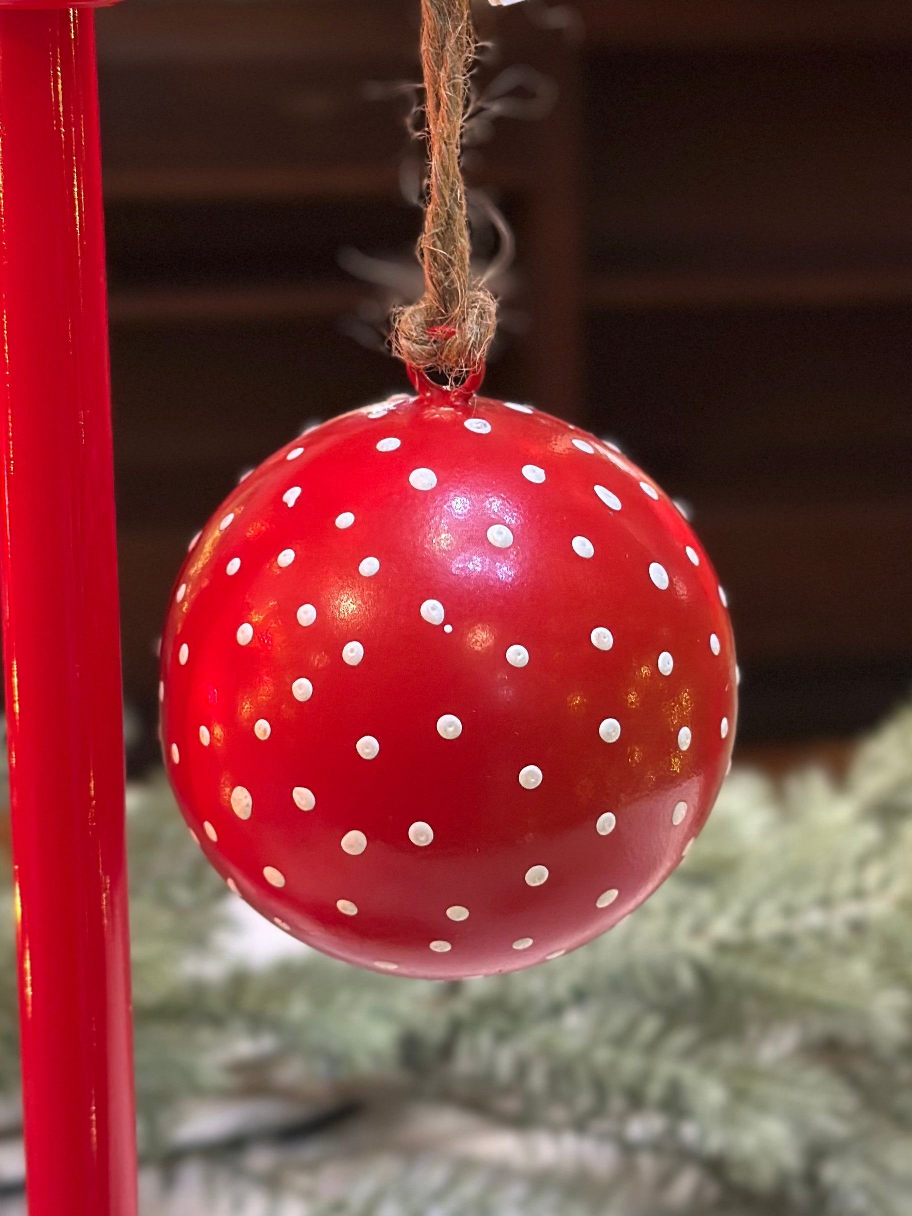 3" Red Metal Ornament w/ Polka Dots