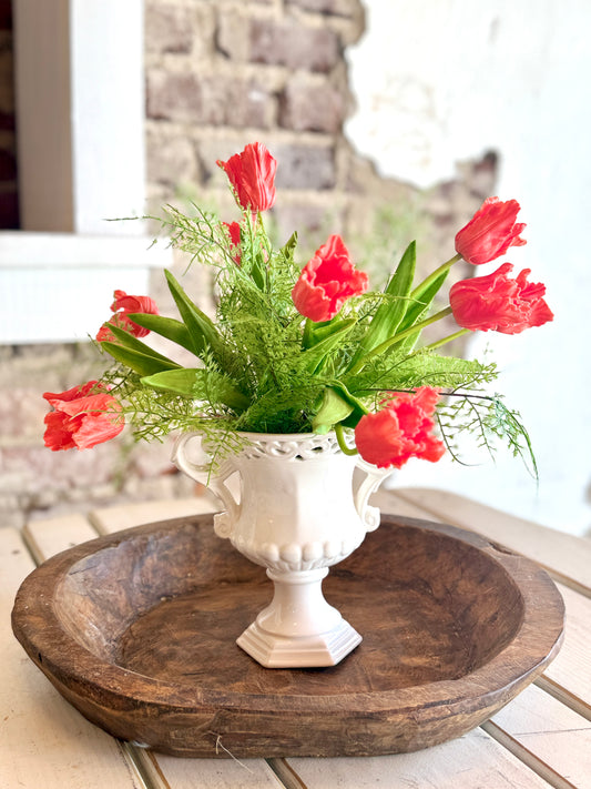 Tulips & Fern Arrangement in White Trophy Vase