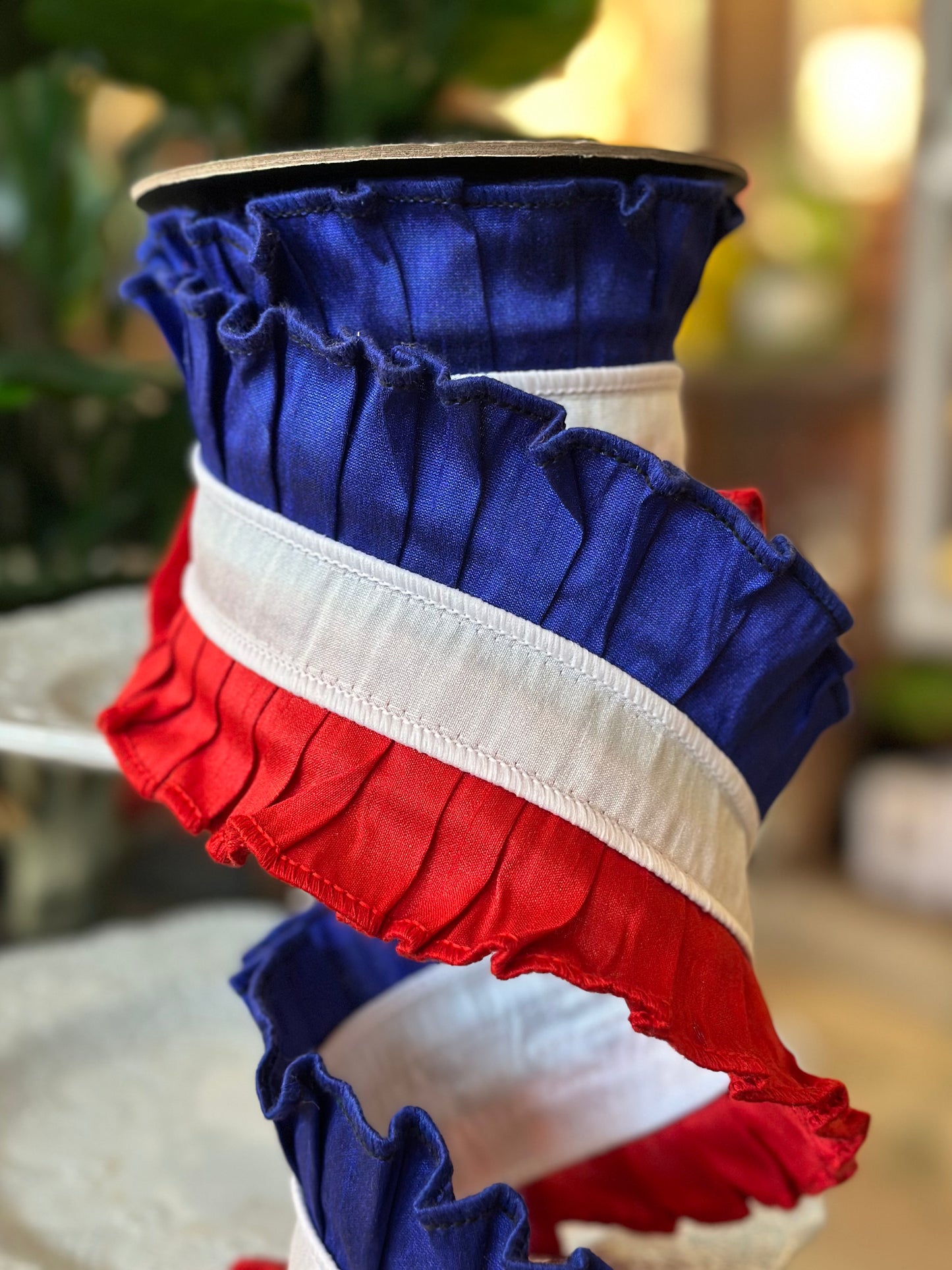 4" x 5Y dupion ruffle, red white royal blue