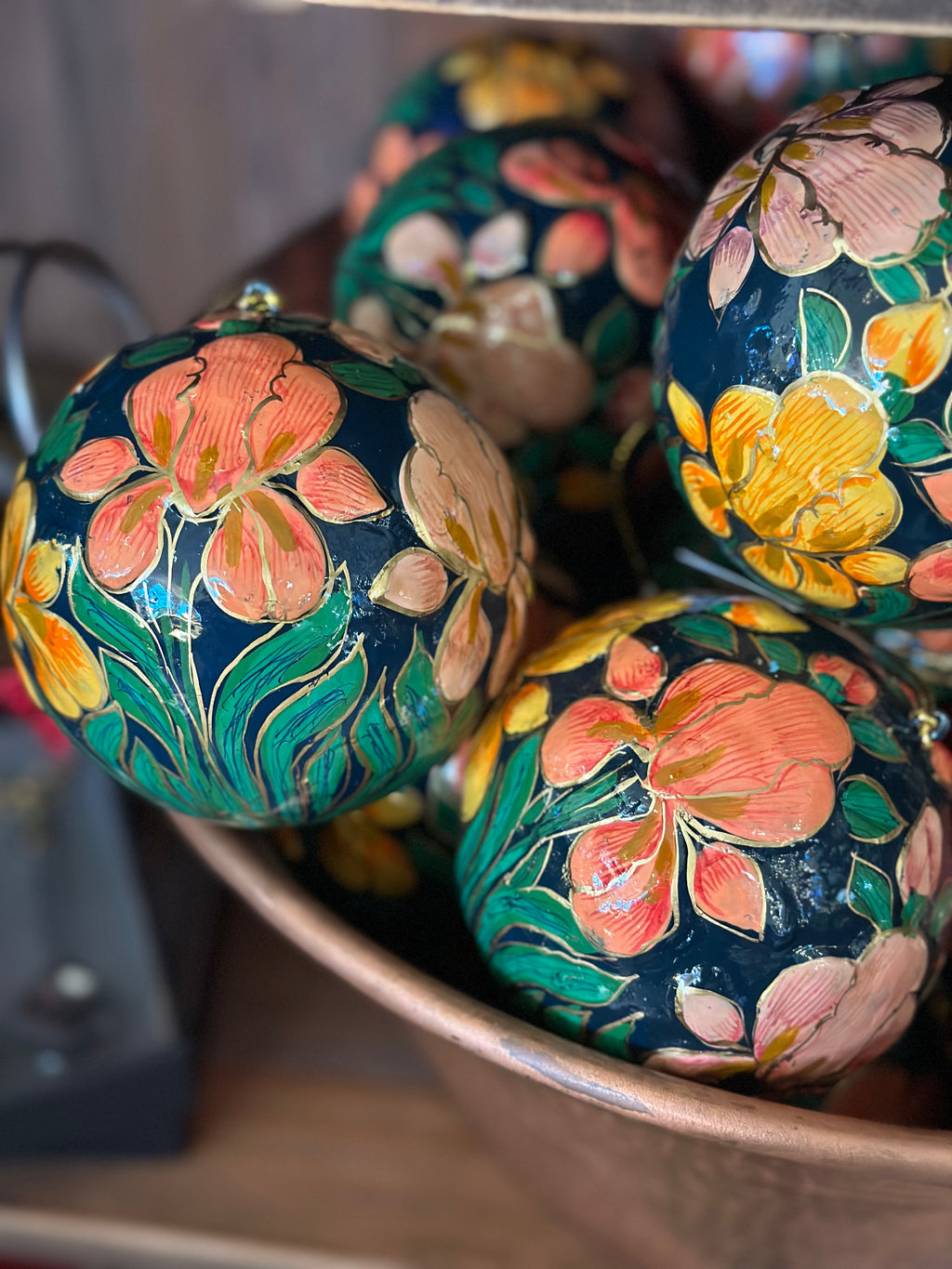 4" Blue Paper Ornament w/ Orange Flowers