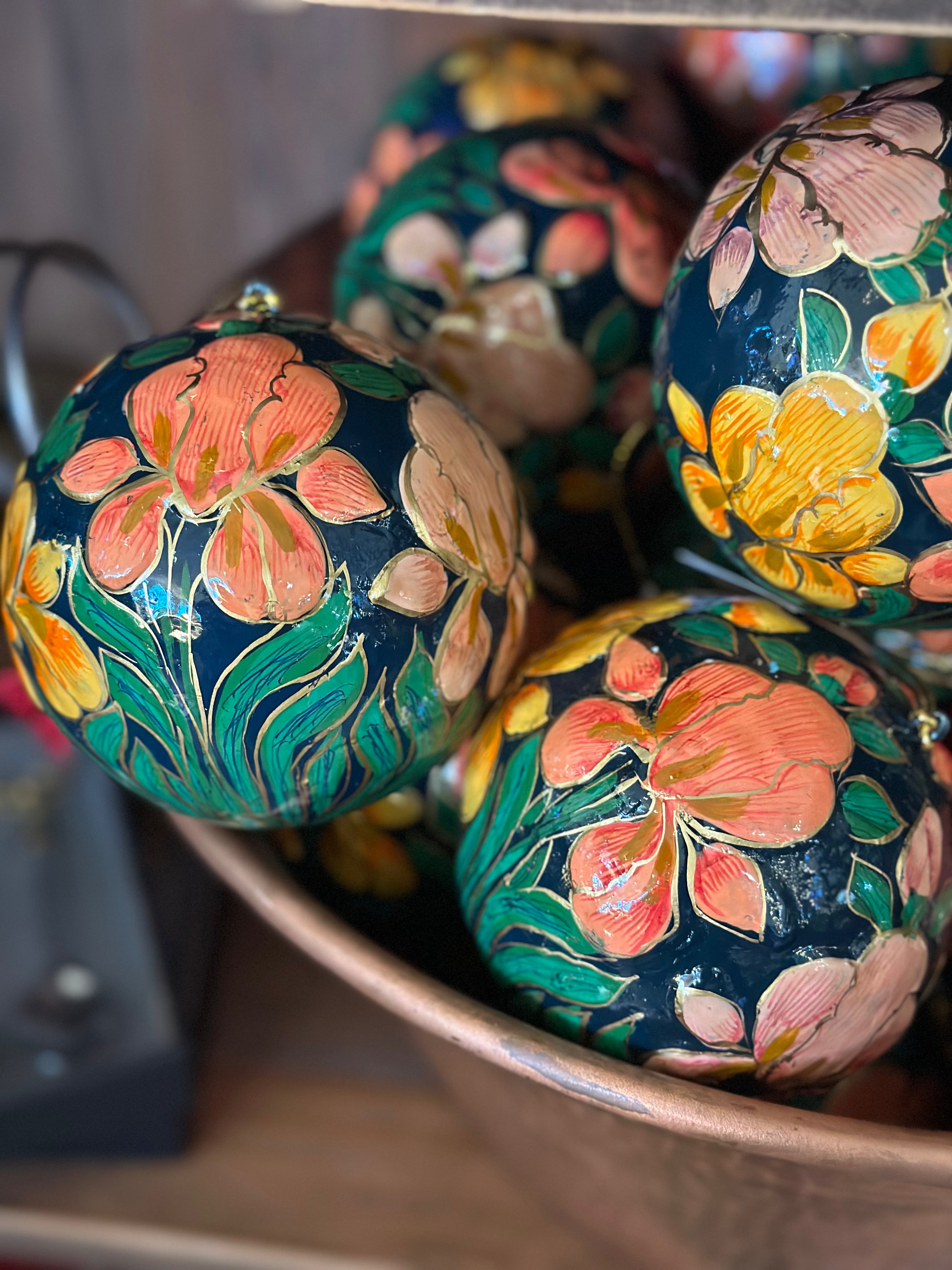 4" Blue Paper Ornament w/ Orange Flowers