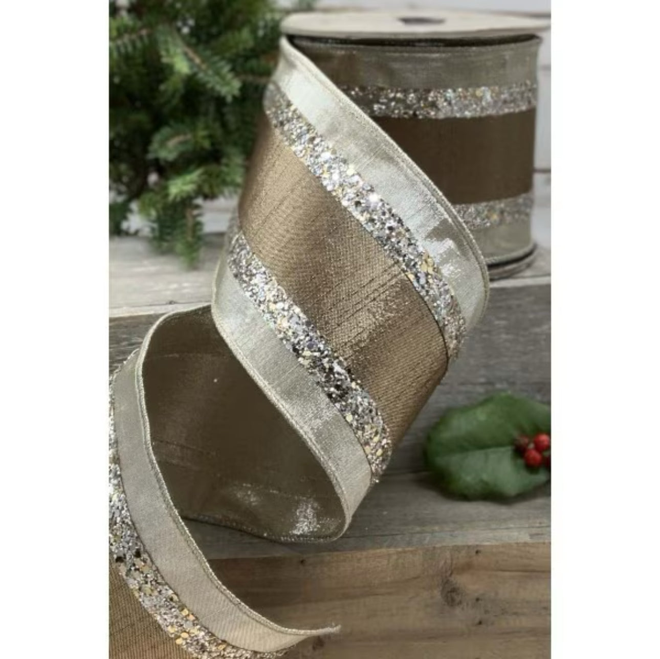 4" metallic dupion brown center, platinum