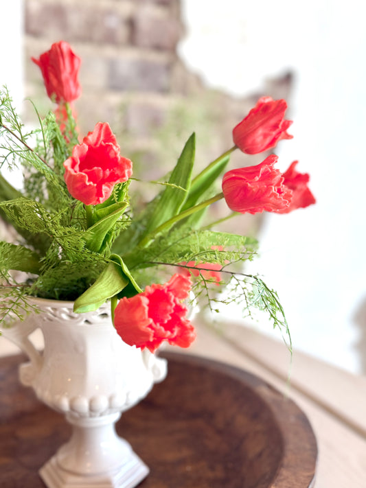 Tulips & Fern Arrangement in White Trophy Vase