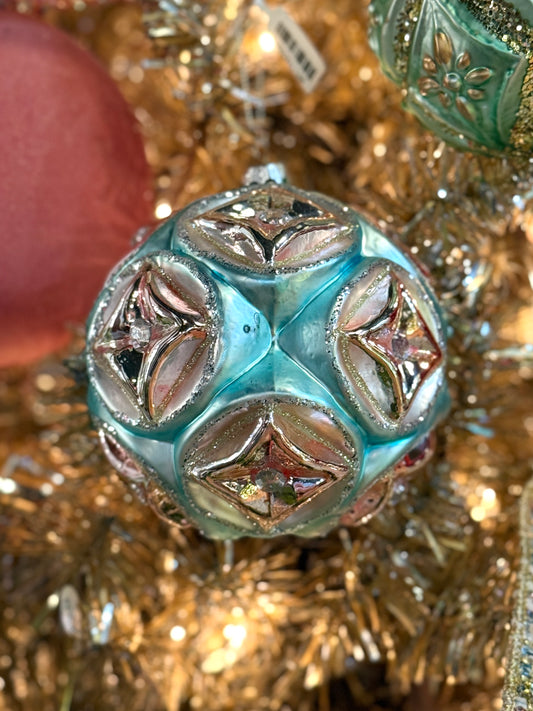 4" Glass Ball Ornament - Shiny Pink with Matte Blue Detail
