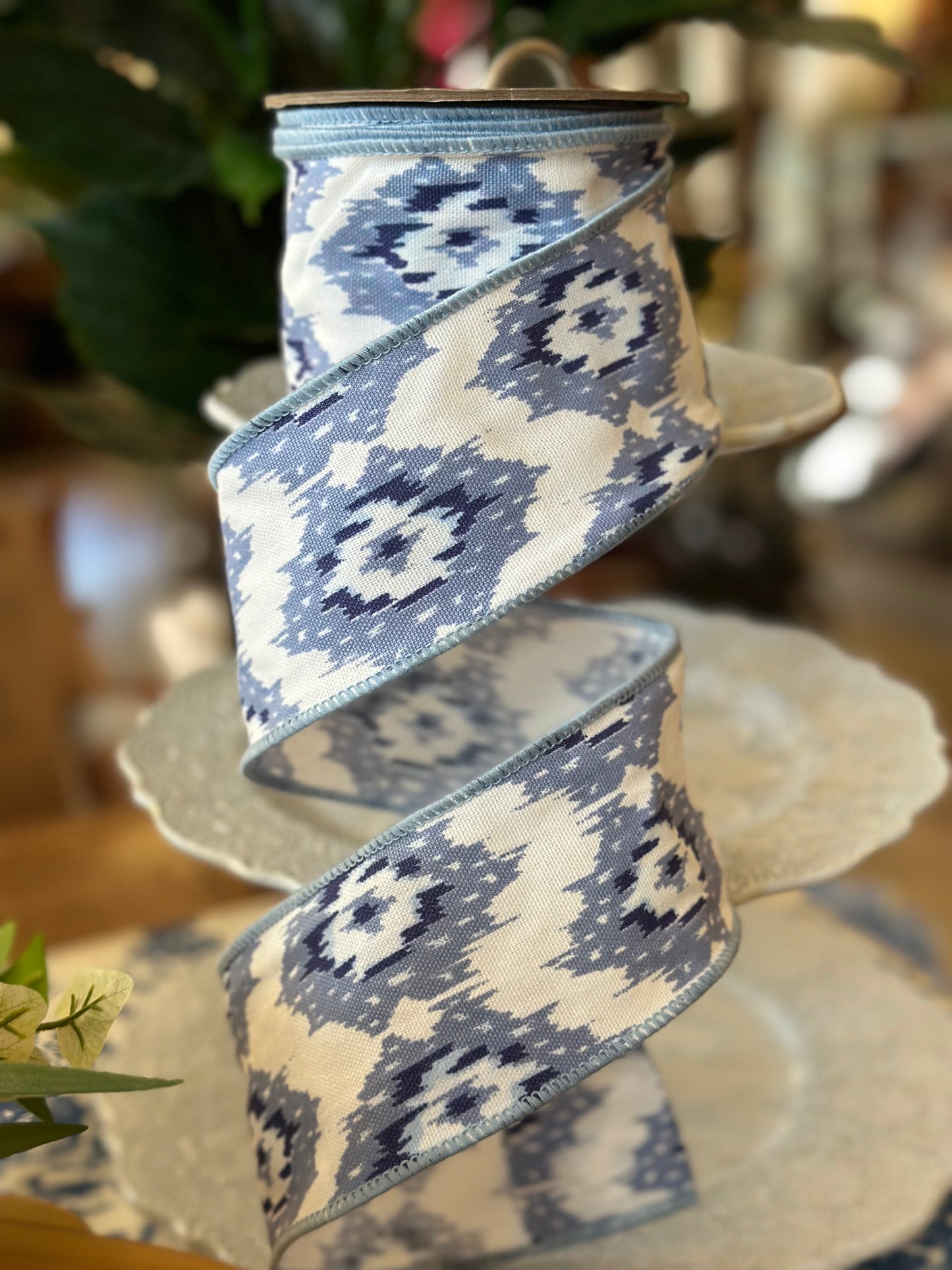 3”x10Y Blue & White Design Cotton Ribbon