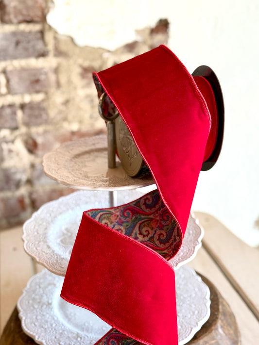 4” Red Velvet w/ Multicolor Paisley Backing