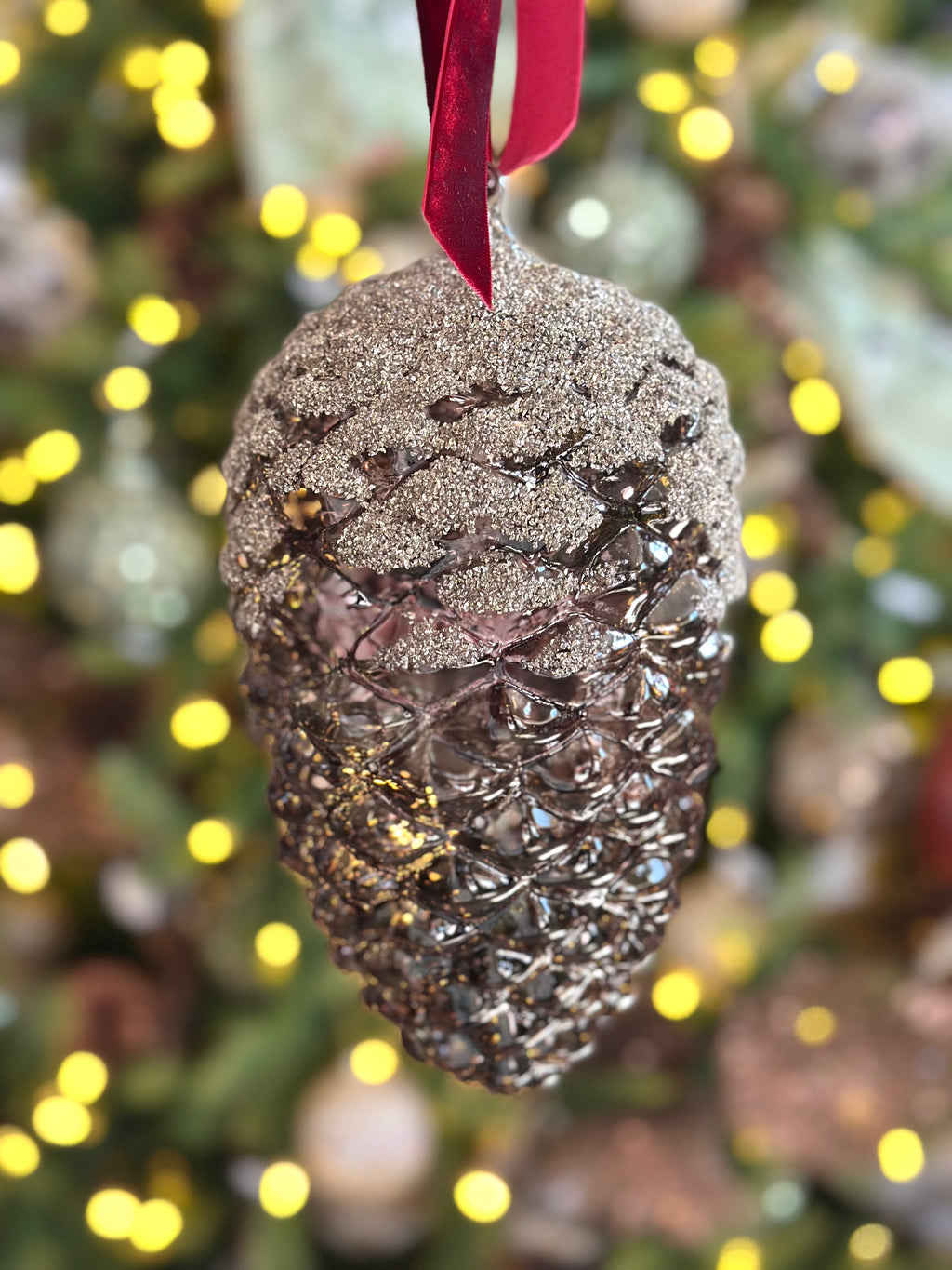 8.5" Transparent Glass Pinecone Ornament- Silver Glitter Top