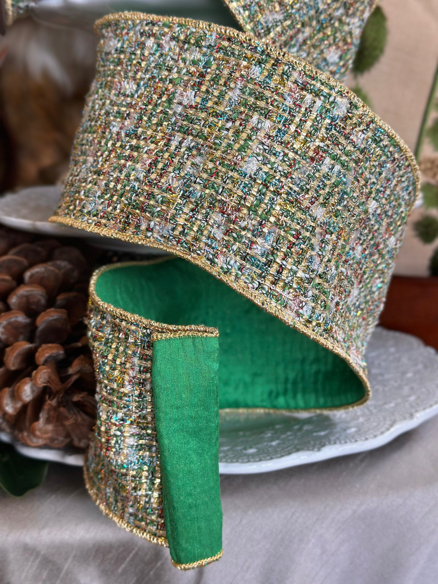 4” Tinsel Tweed - Green, SOLD BY THE YARD