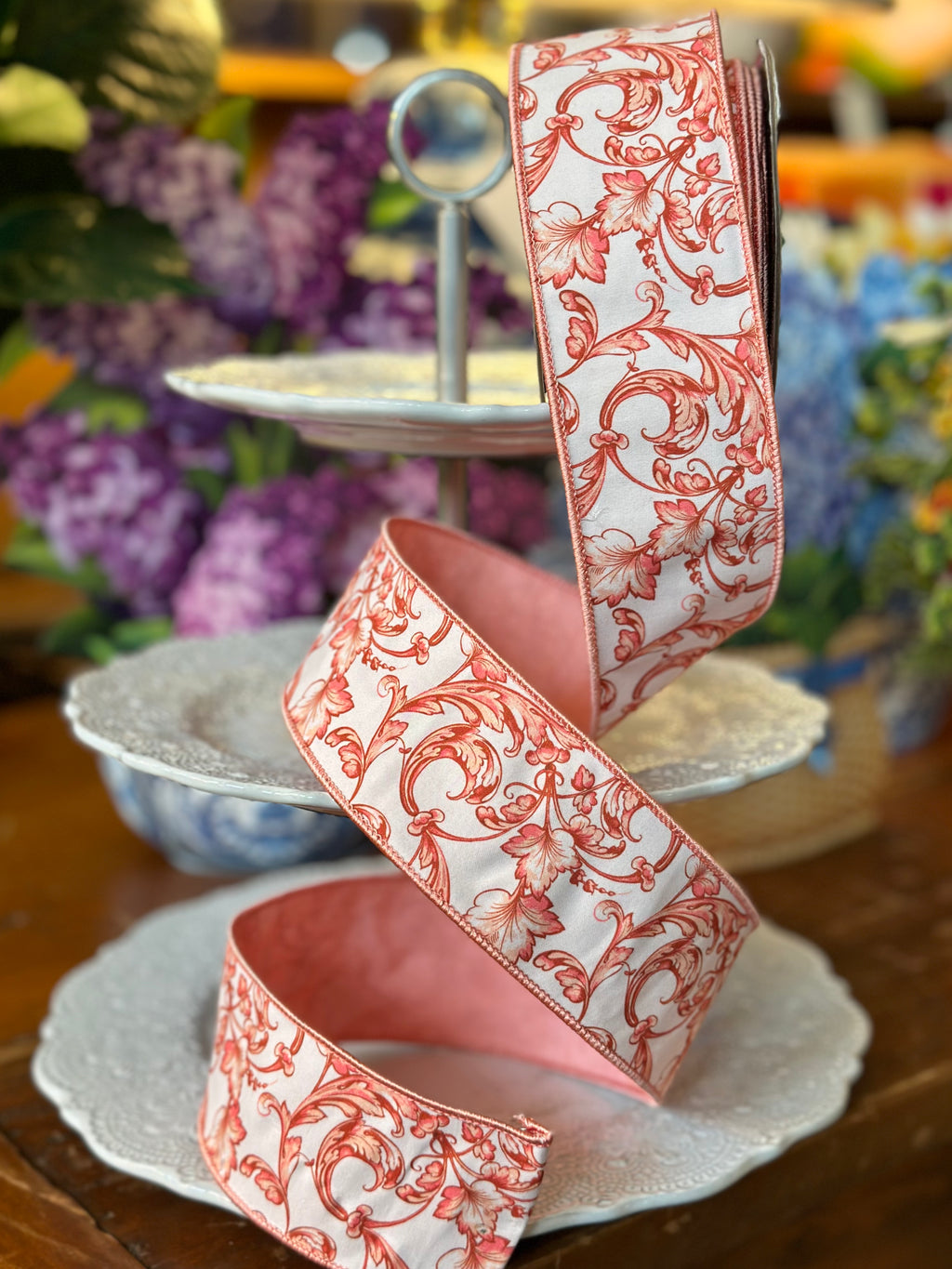 2.5" Taffeta Acanthus Scroll Chinoiserie, Terra Cotta White