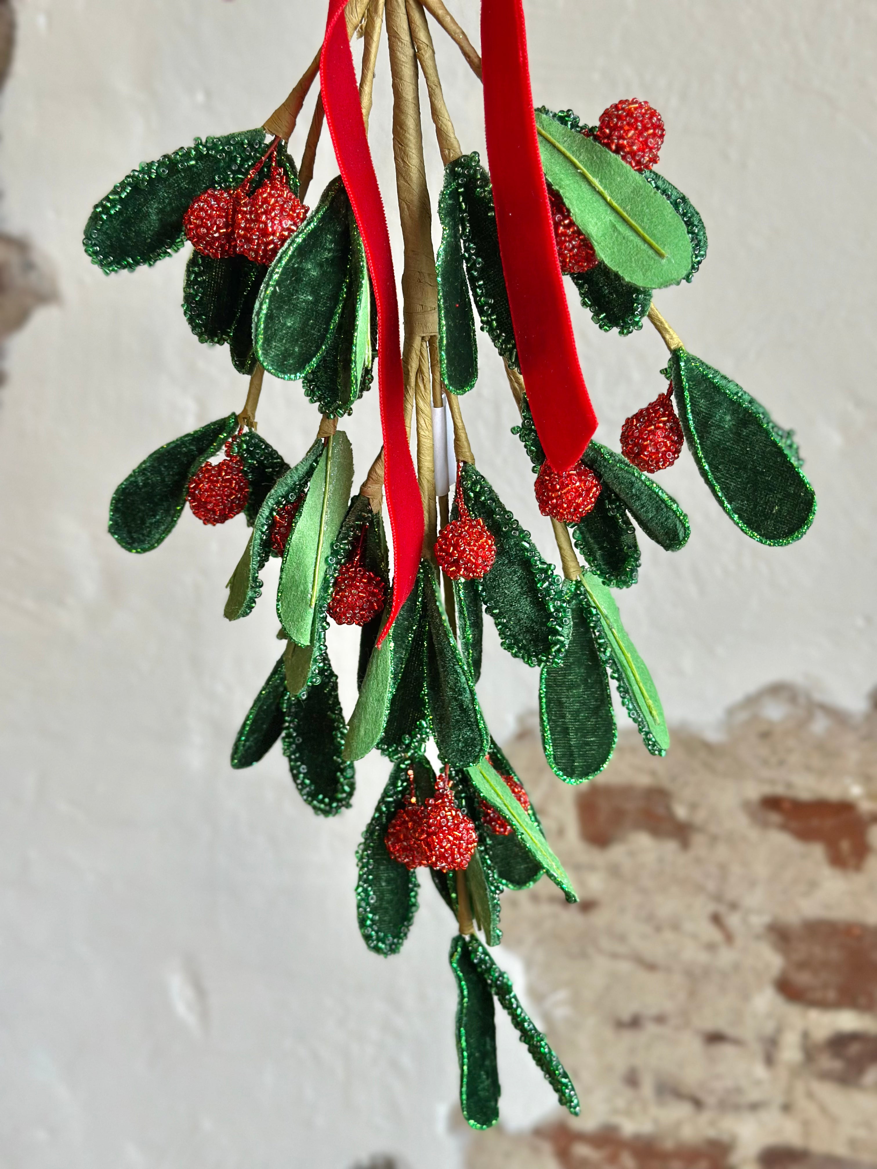 17" BEADED VELVET MISTLETOE BRANCH