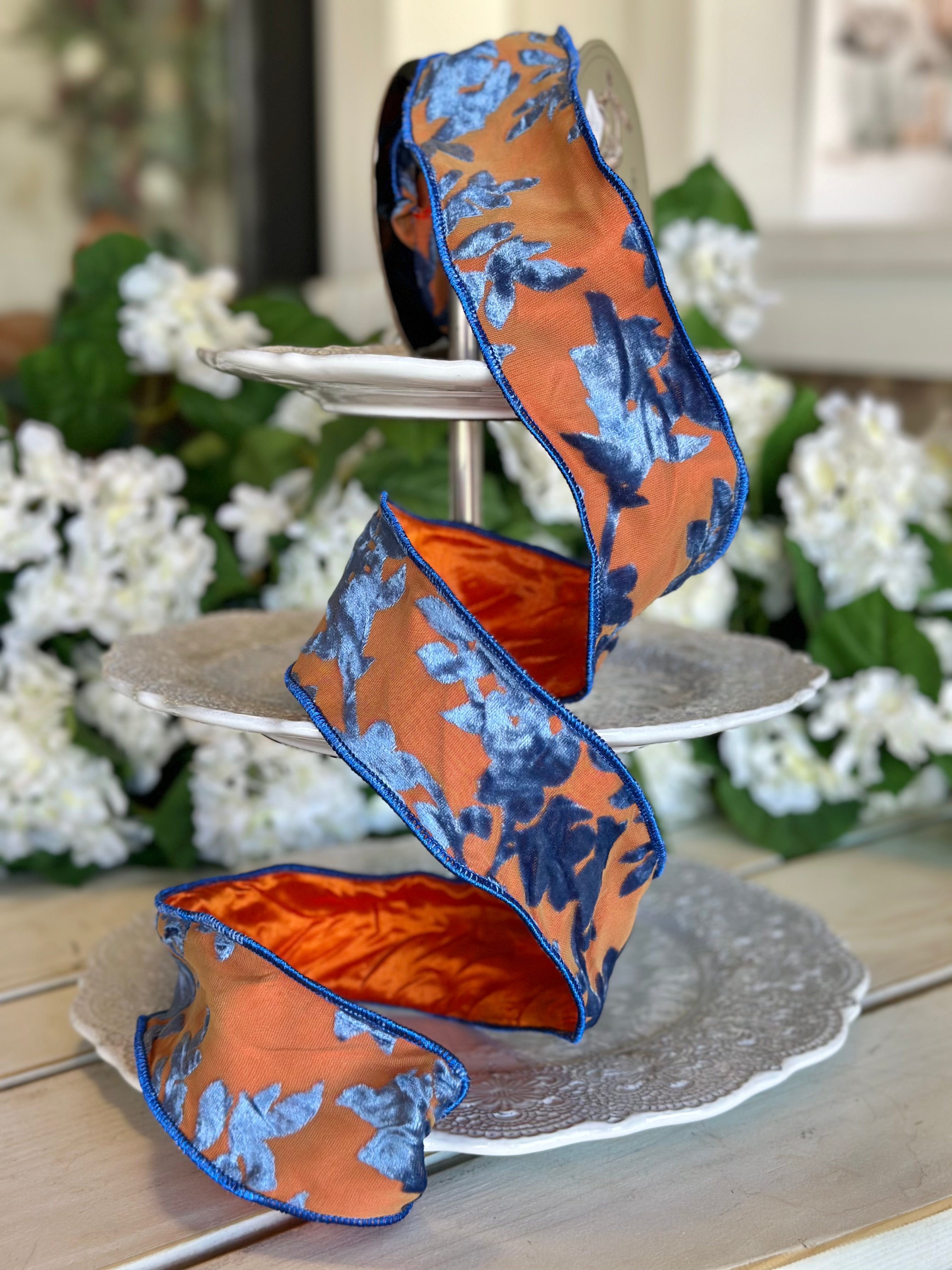 2.5” Wide, Damask Velvet with Satin Backing, Orange and Blue