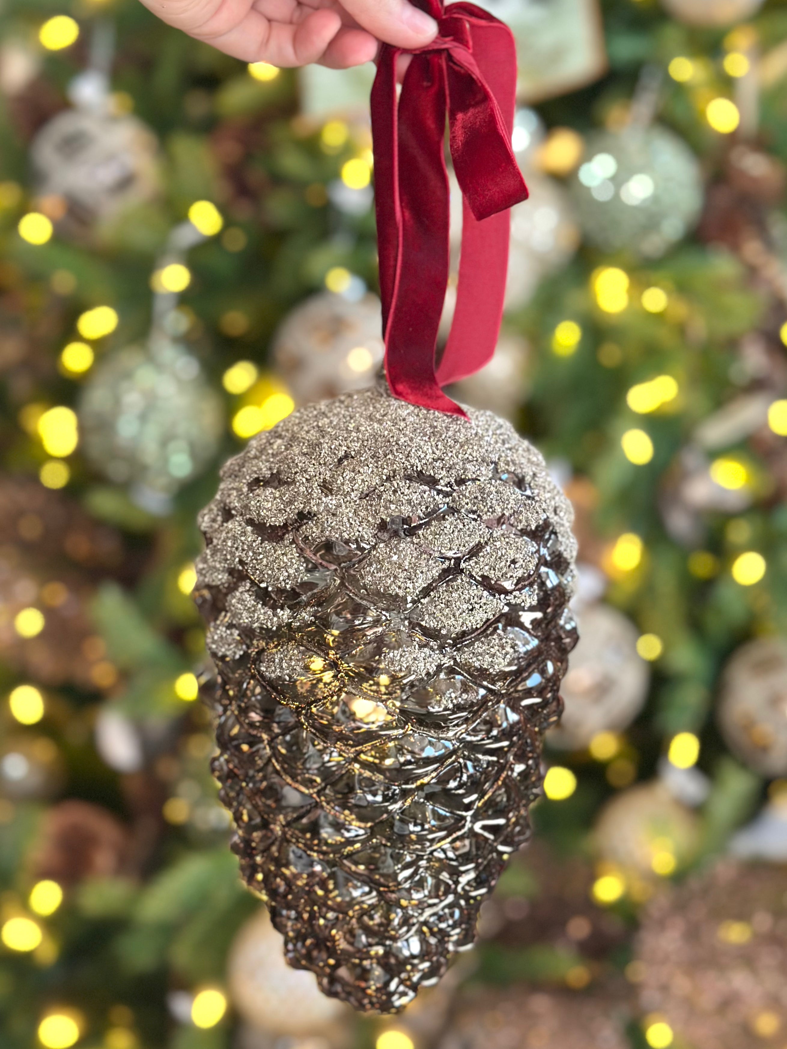 8.5" Transparent Glass Pinecone Ornament- Silver Glitter Top