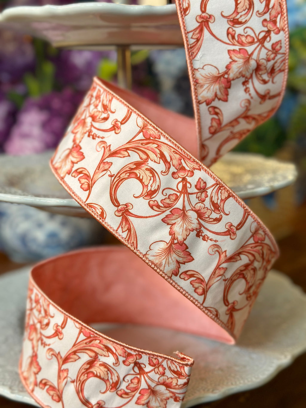 2.5" Taffeta Acanthus Scroll Chinoiserie, Terra Cotta White