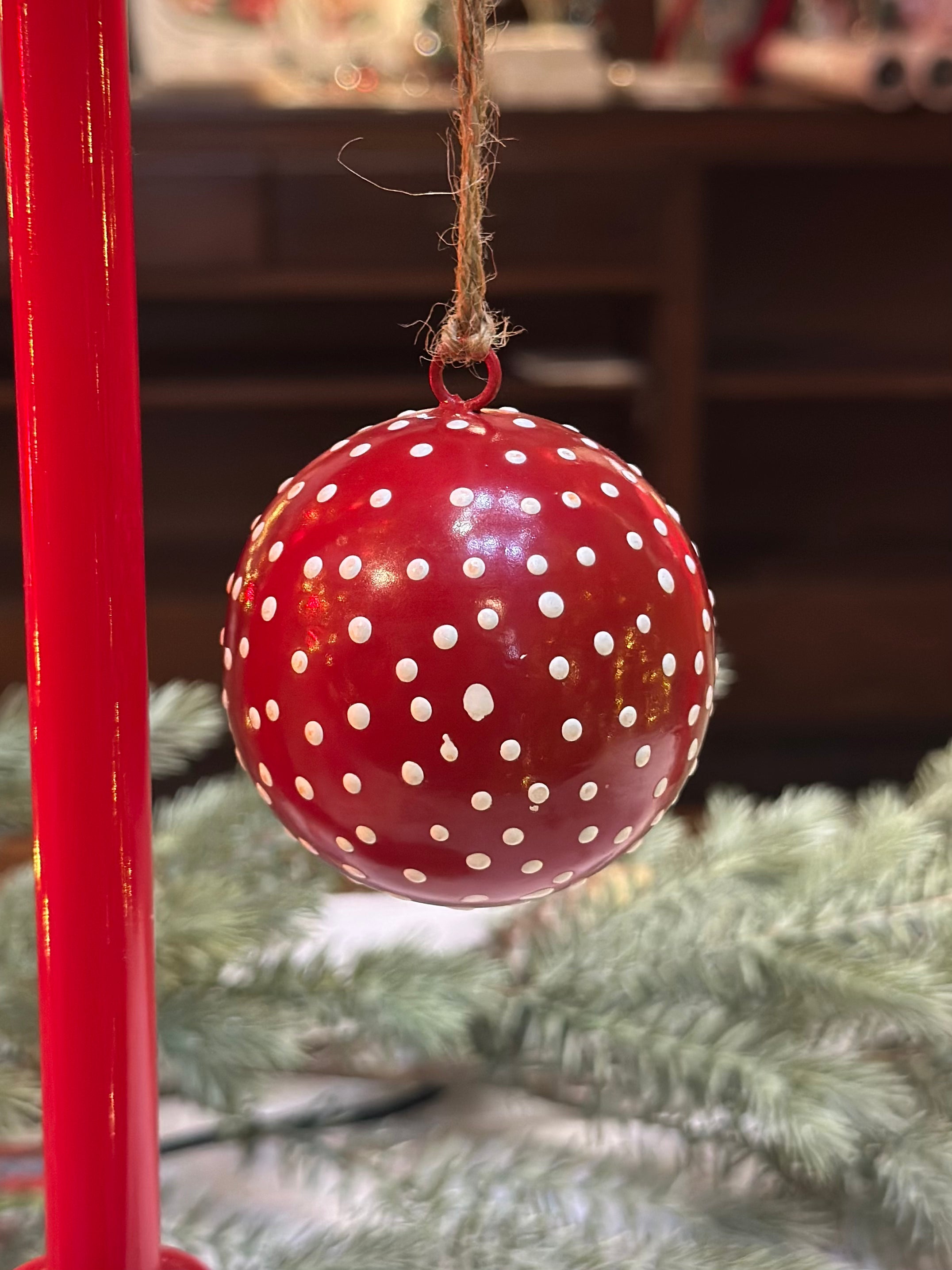 2.5" Metal Ornament- Red with White Polka Dots