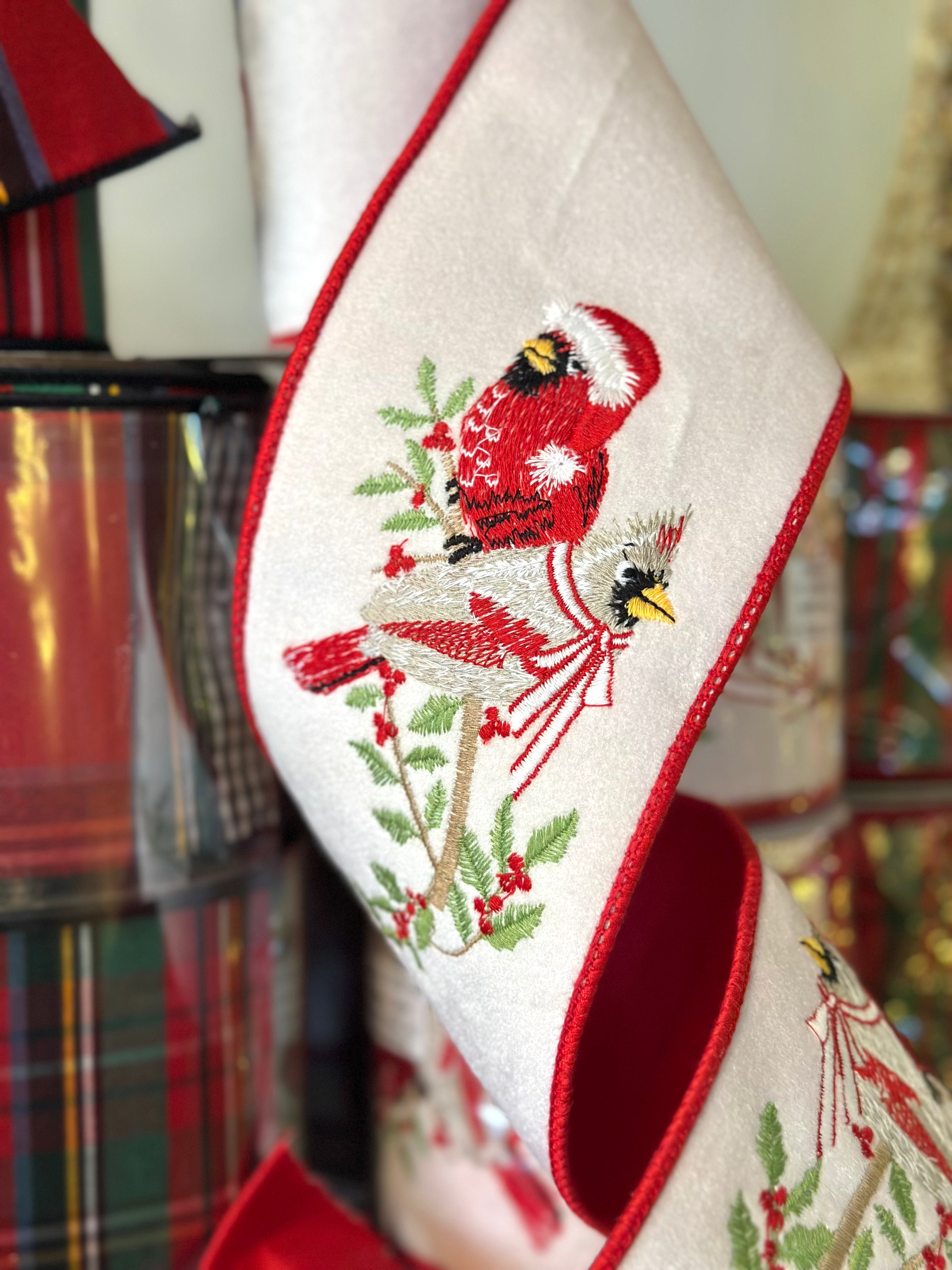 4" Embroidered Dupion Cardinal with Holly