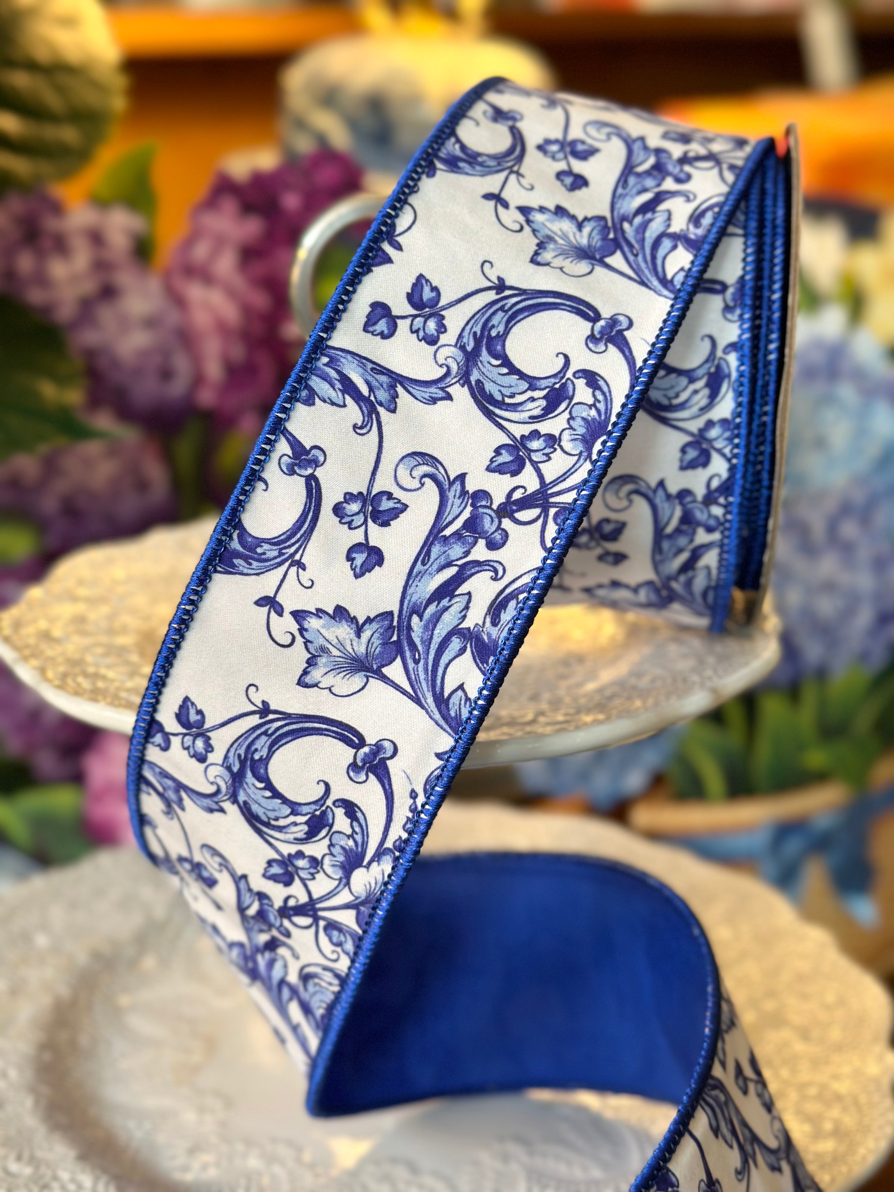 2.5" x 10yds Taffeta Acanthus Scroll Chinoiserie, Blue White