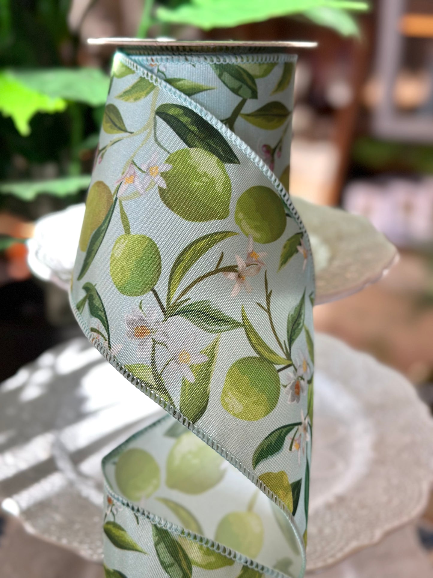 4"x10Y Lime and Floral Ribbon, Light Blue