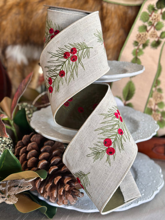 4" Cotton Embroidery Berry Greenery, Cream