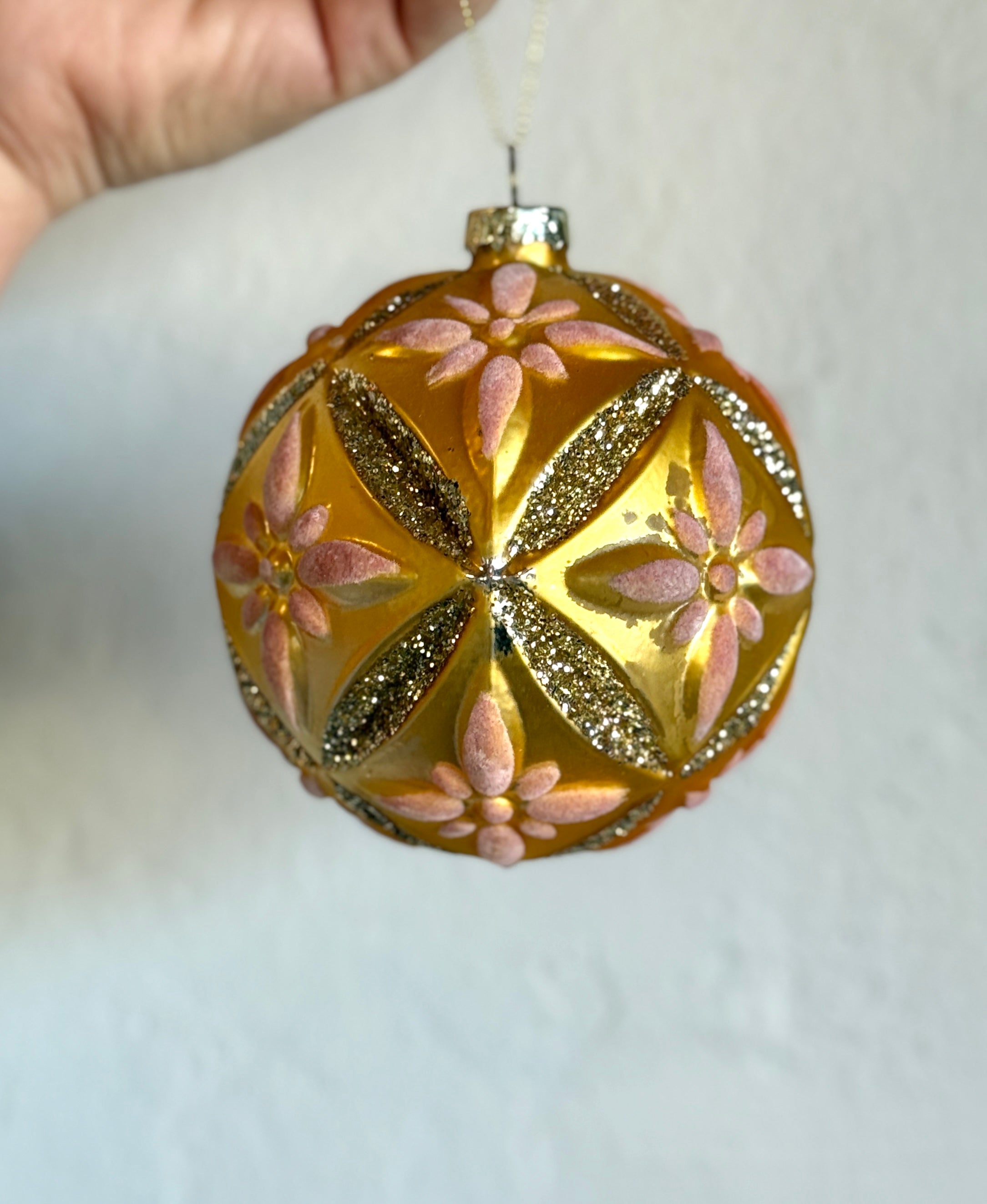 4" Glass Ornament- Pink Velvet Flowers & Gold Glitter