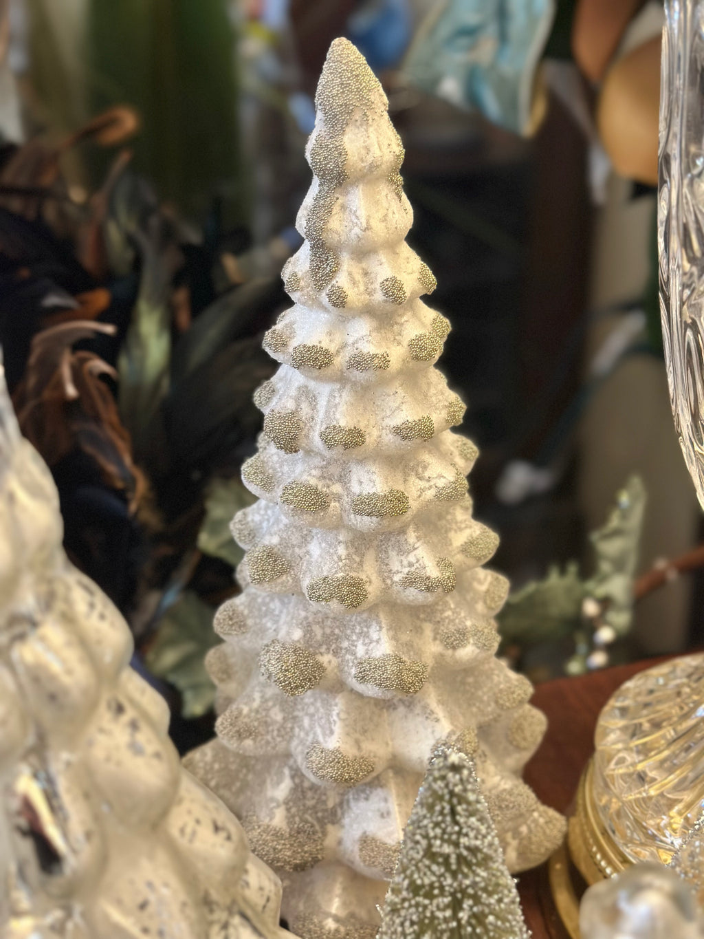 10.5" Glass Tree - White & Silver with Bead Accents