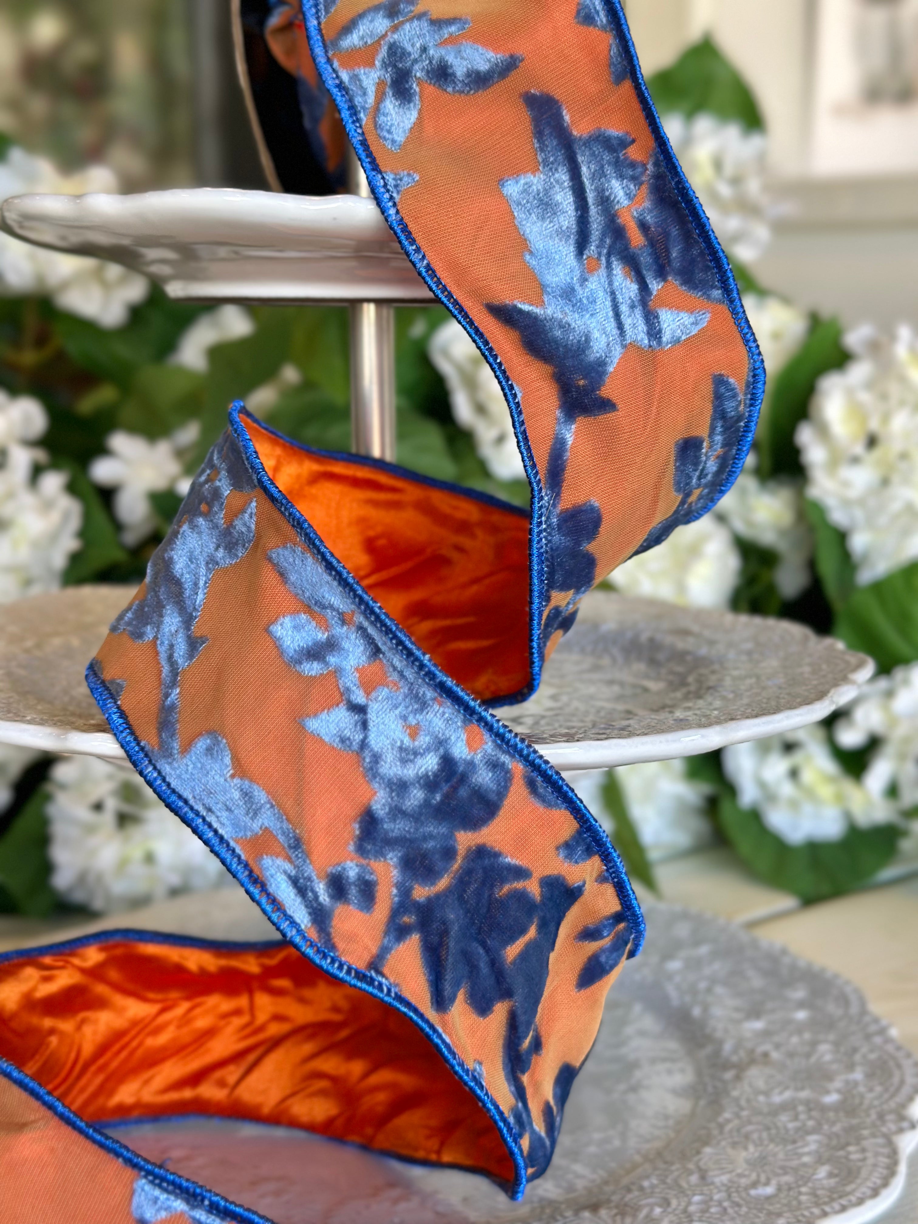 2.5” Wide, Damask Velvet with Satin Backing, Orange and Blue