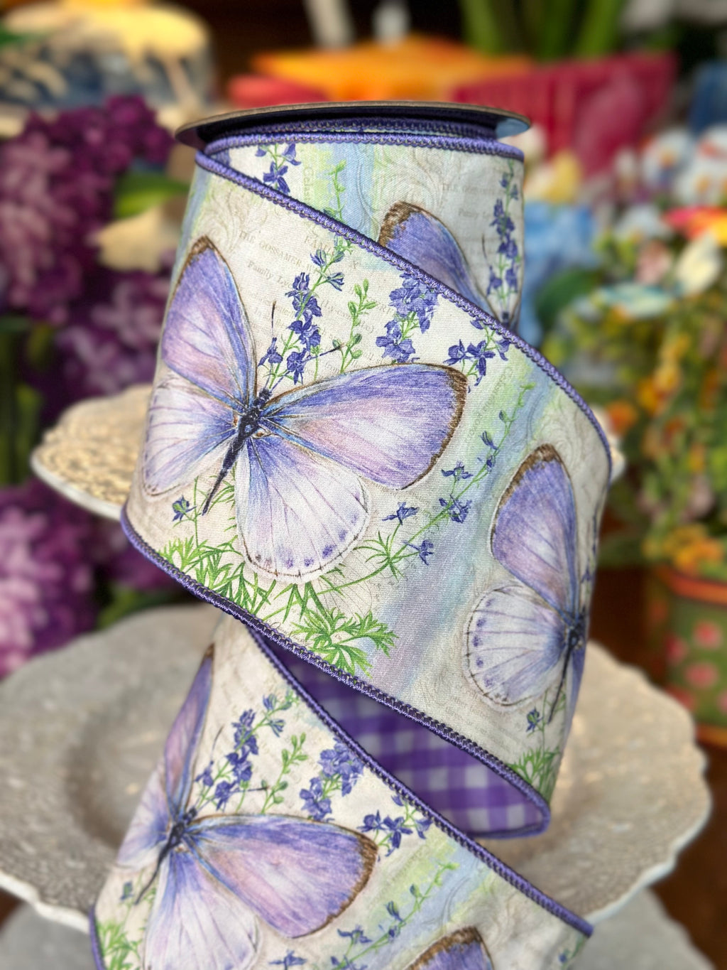 4" Wide, Summer Butterfly/Gingham Ribbon