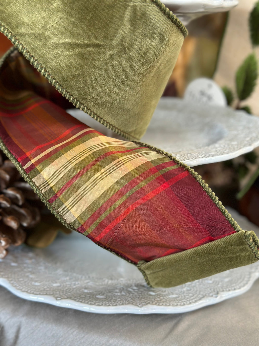 4”x10Y Cotton Velvet, Plaid Back- Burgundy, moss green