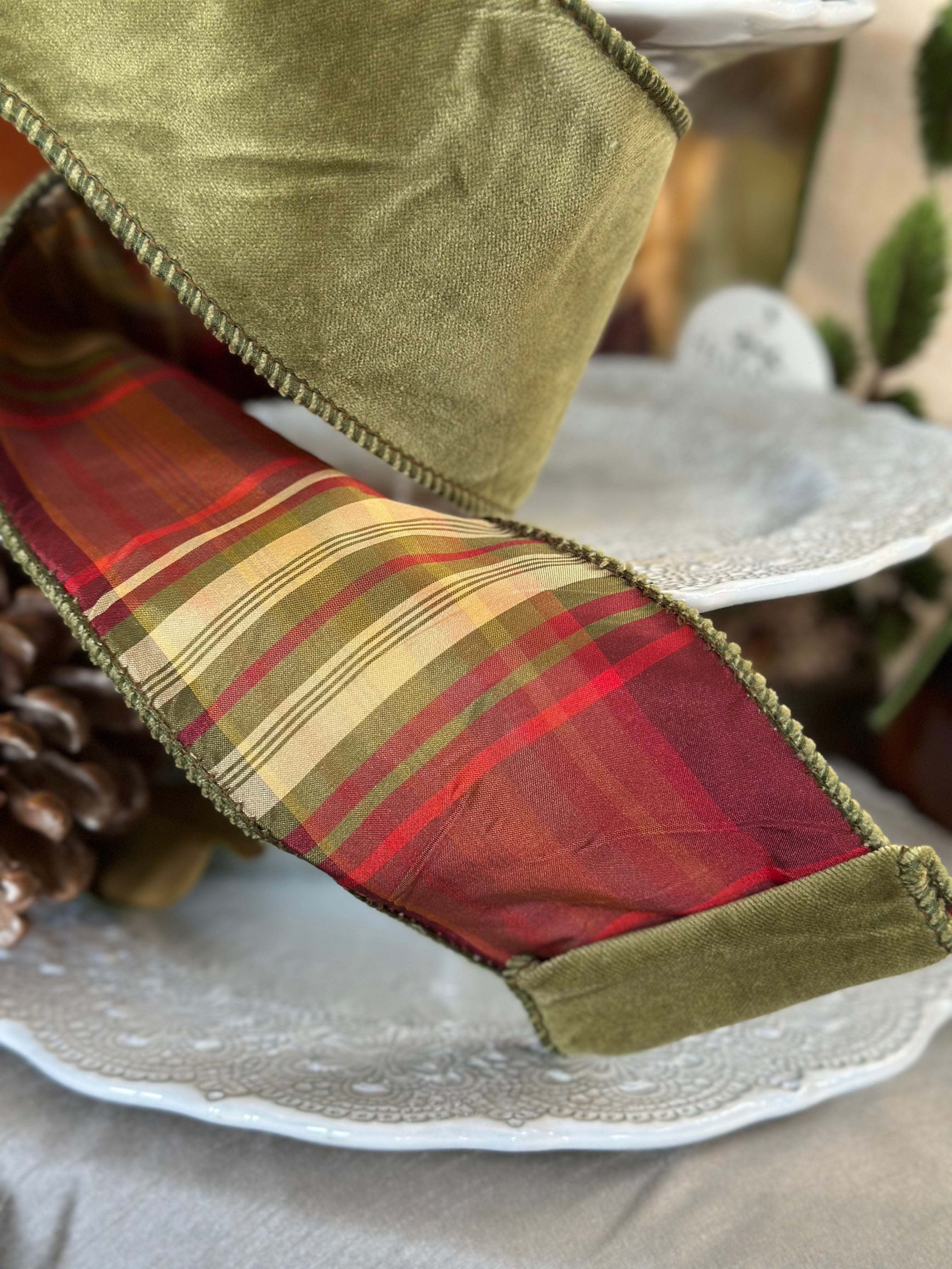 4”x10Y Cotton Velvet, Plaid Back- Burgundy, moss green