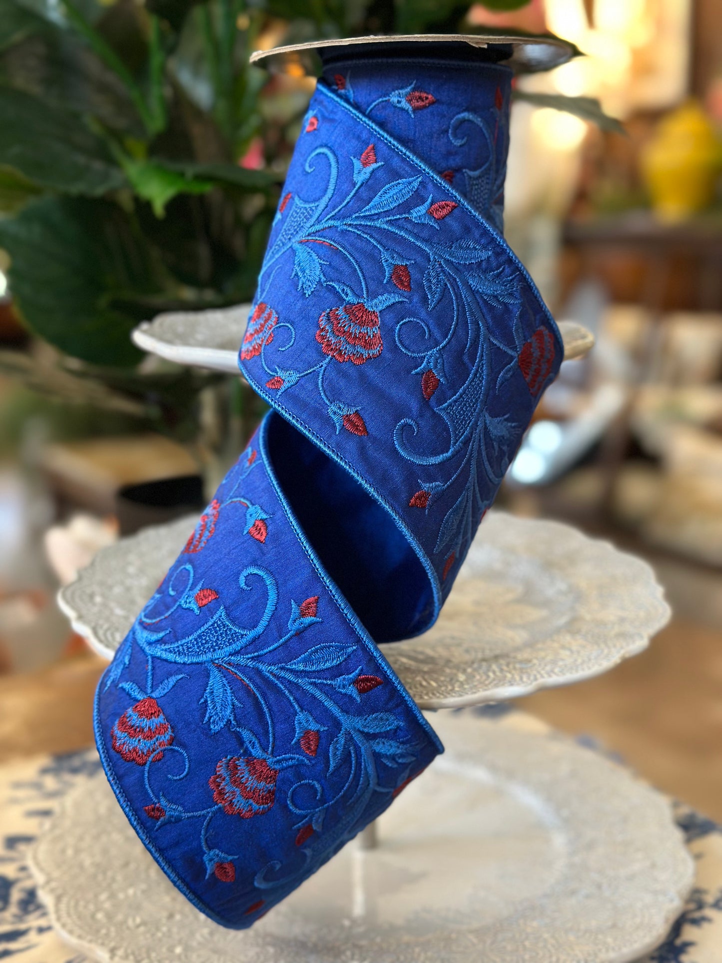 4"x5Y Embroidered Vine/Red Buds, Royal Blue Ribbon